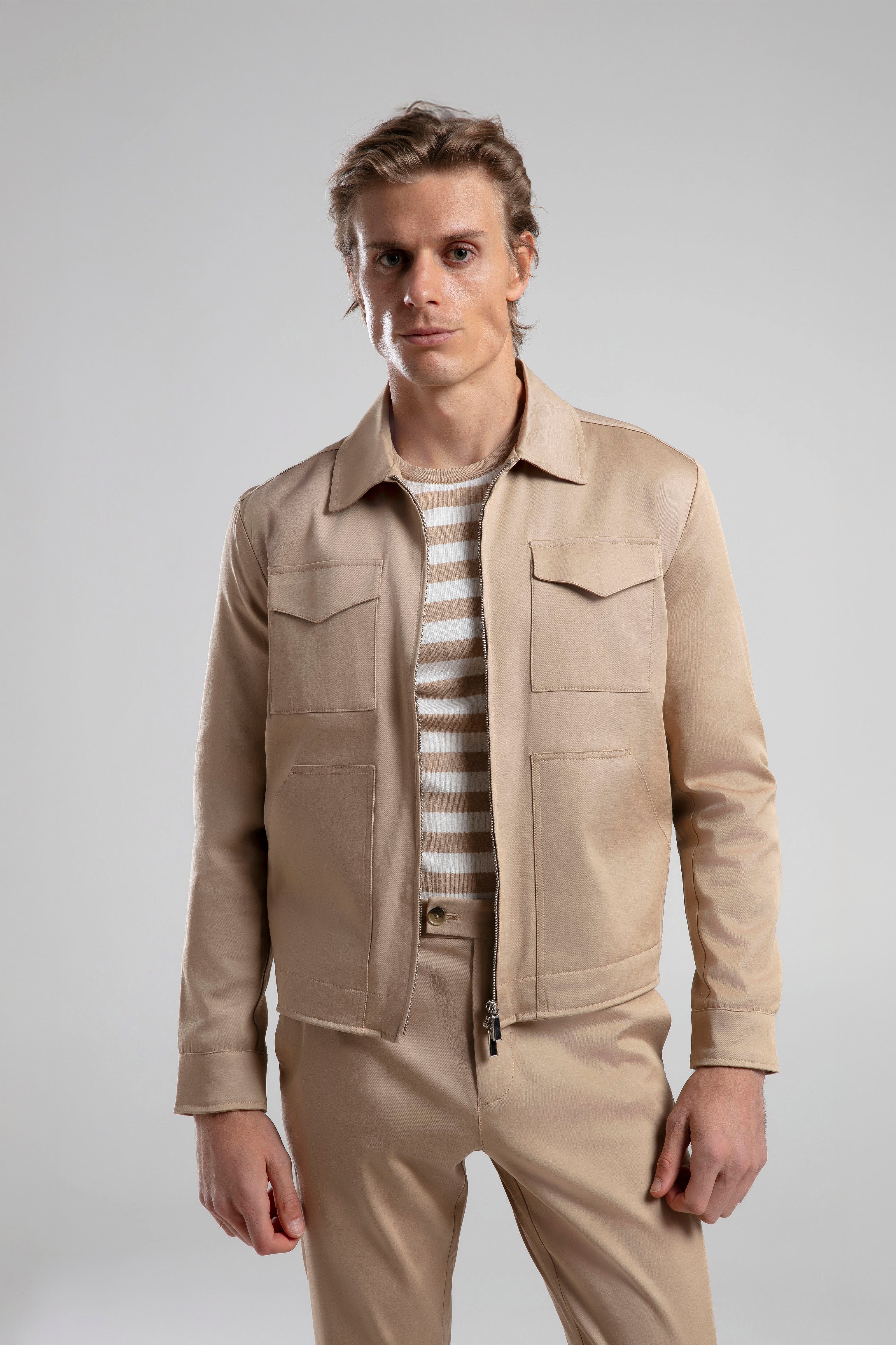 Fermuarlı Kısa Ceket - Beige