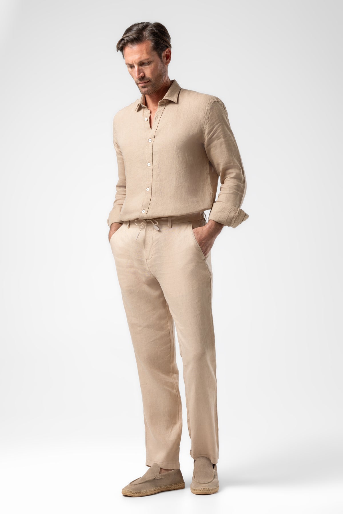 Klasik Bel Keten Pantolon - Bej