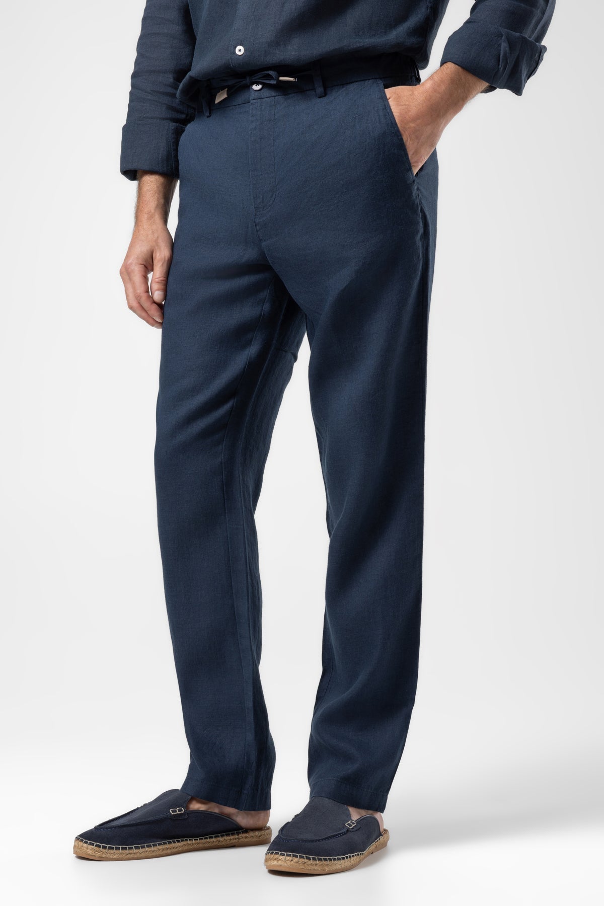 Klasik Bel Keten Pantolon - Navy