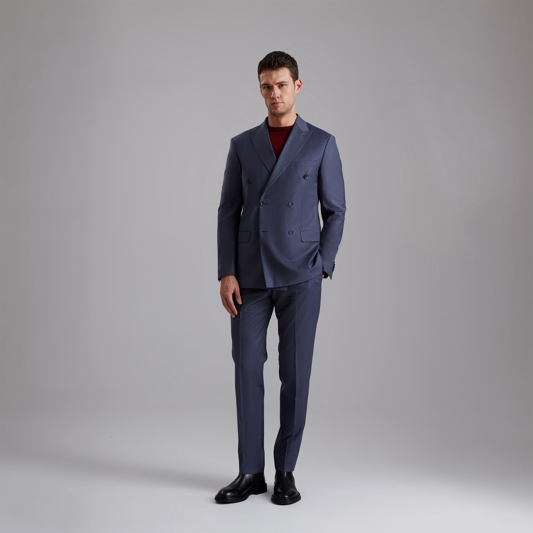 Pinstripe Wrap-Front Wool Blend Suit