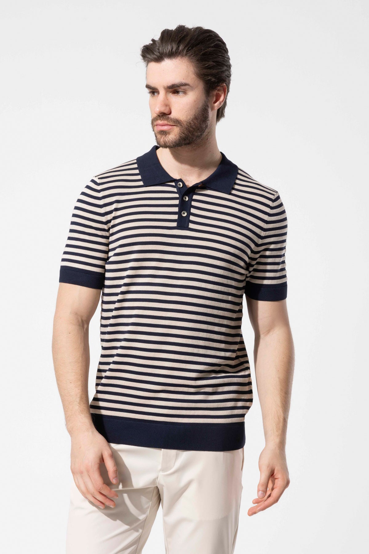 Striped Knit Polo Neck Men's T-Shirt