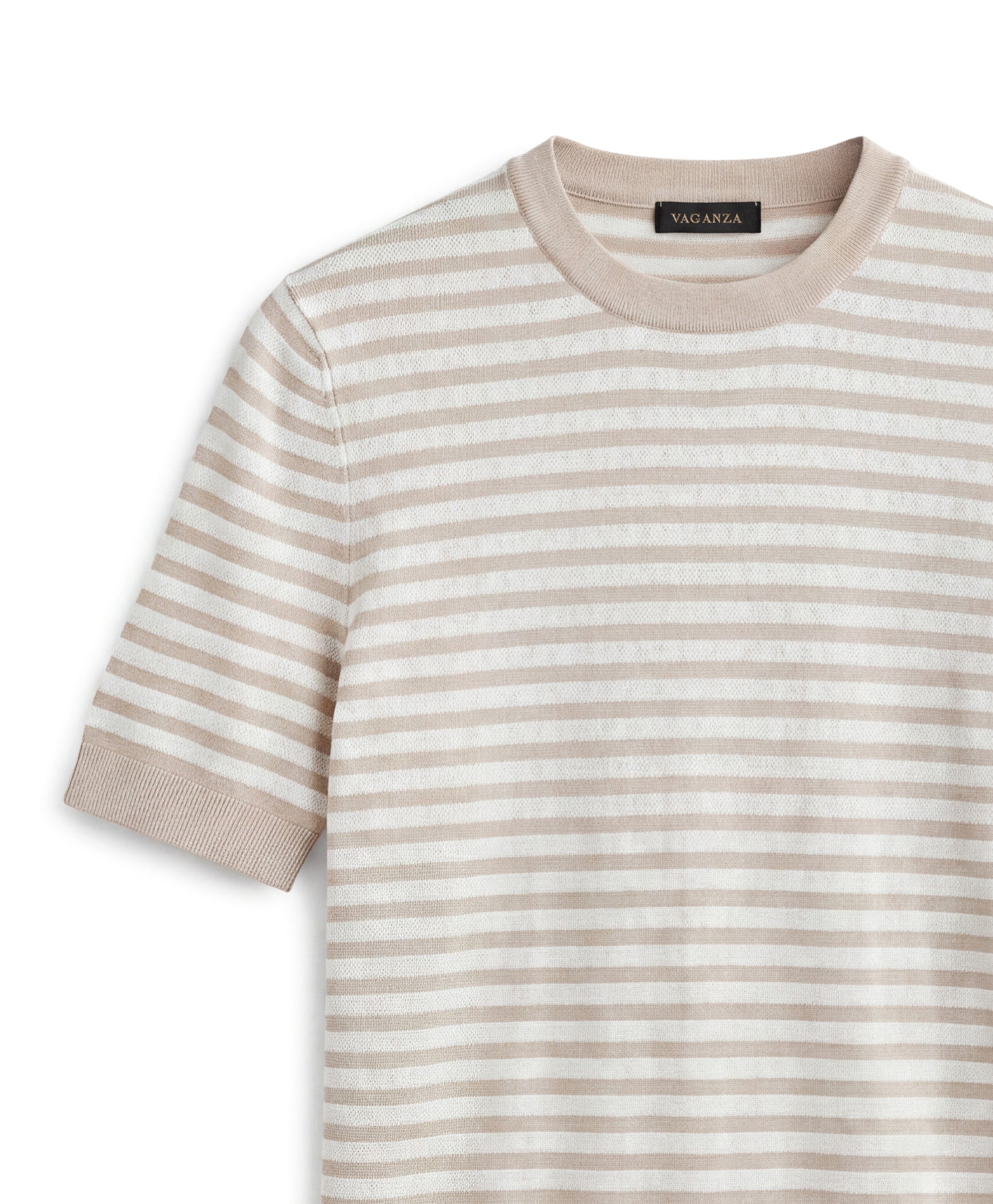 Bisiklet Yaka İnce Çizgili Triko T-Shirt - Bej