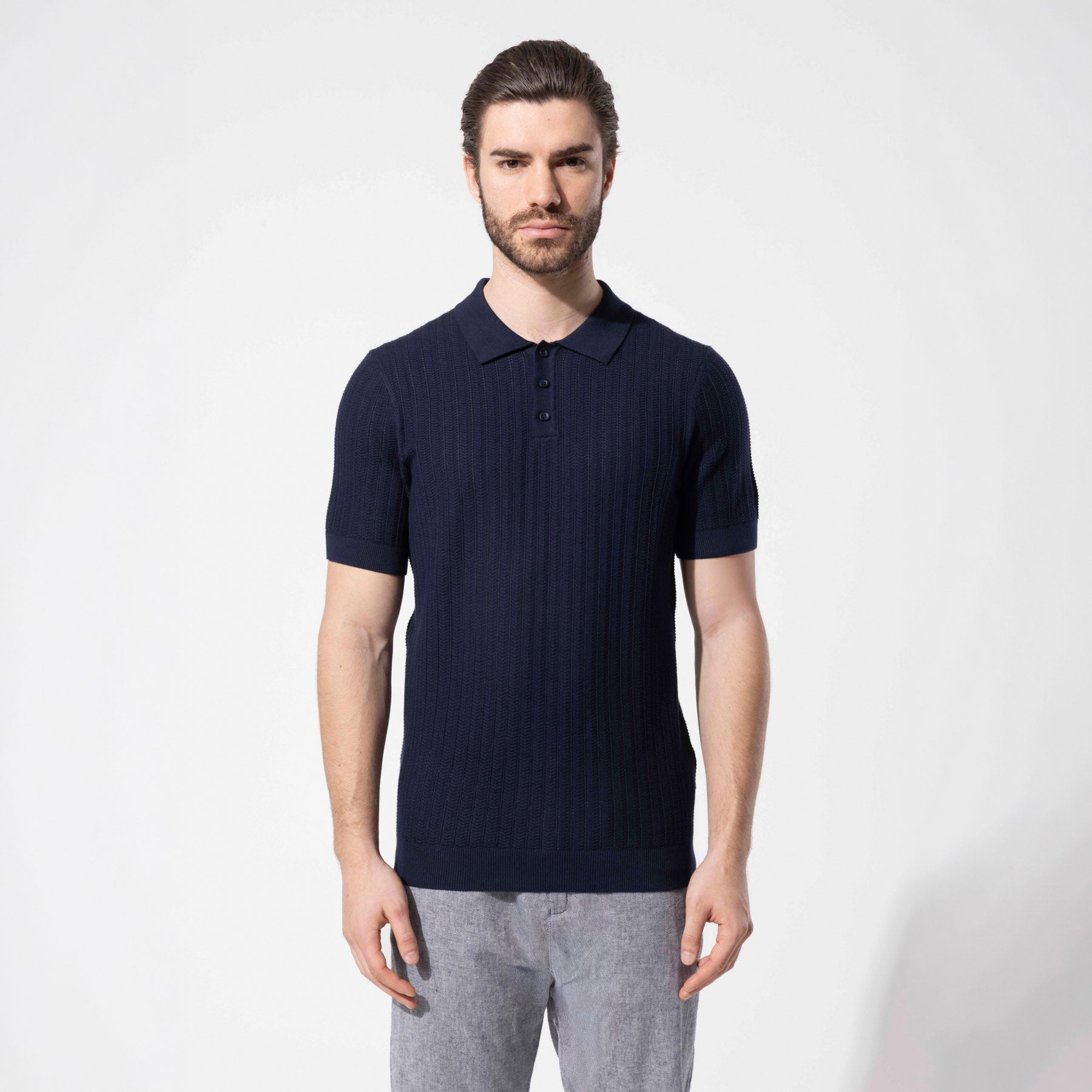 Men's Textured Polo Neck Knit T-Shirt