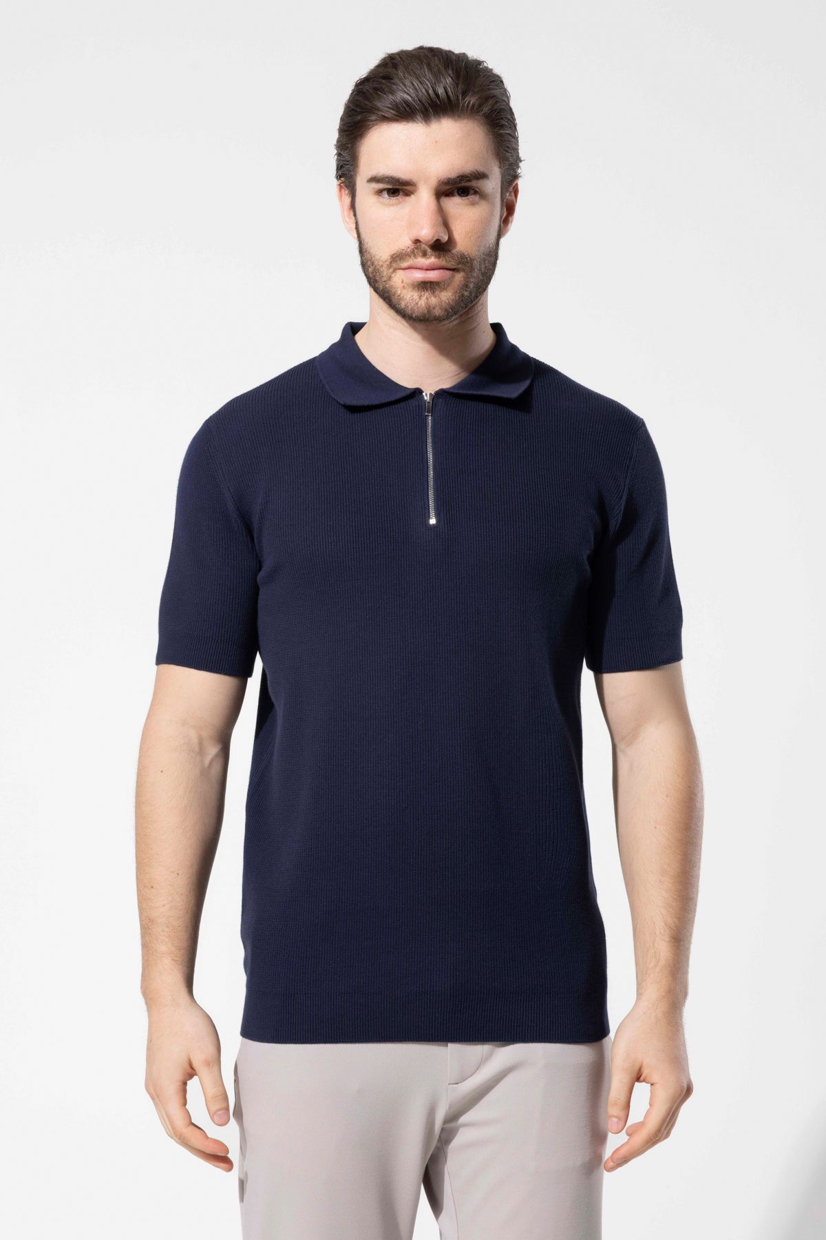 Zip-Neck Knit Polo Shirt