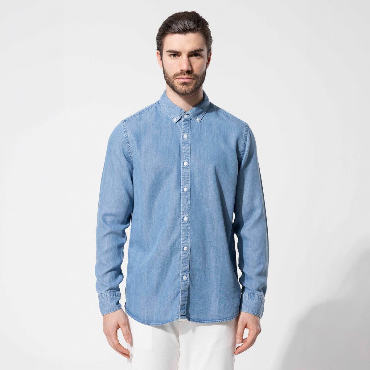 Dokulu Button-Down Tencel Gömlek