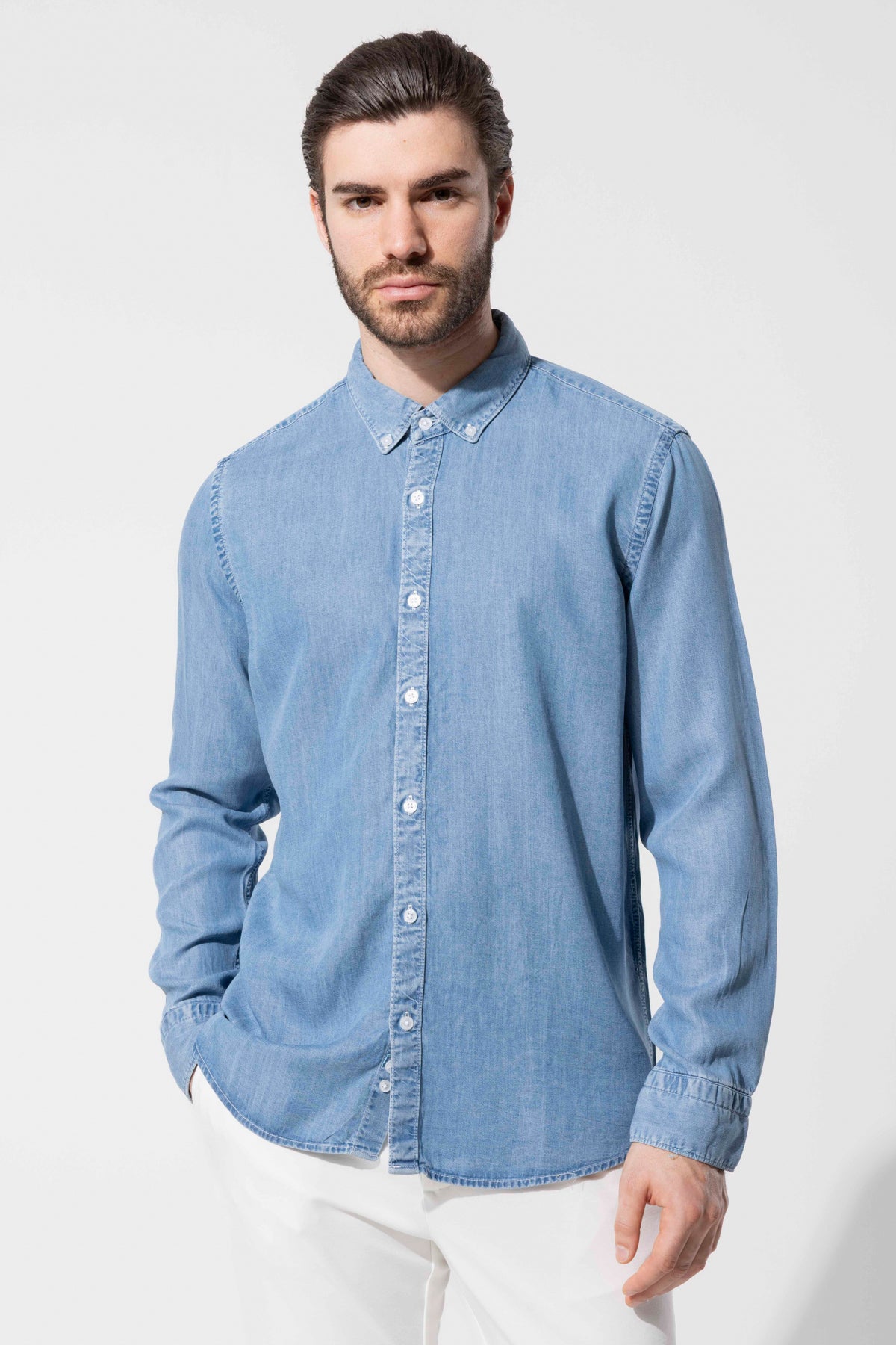 Dokulu Button-Down Tencel Gömlek