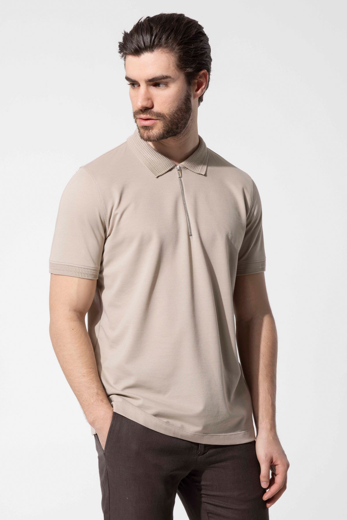Fermuar Detaylı Örgü Yaka Polo T-Shirt