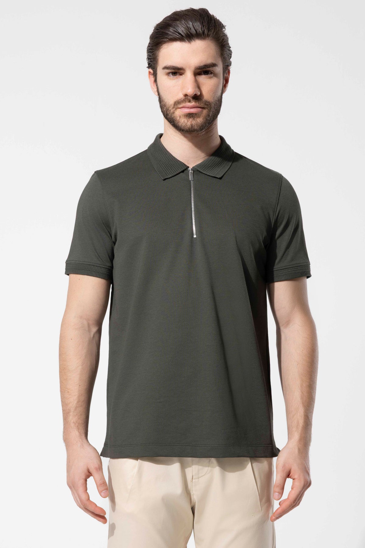 Fermuar Detaylı Örgü Yaka Polo T-Shirt