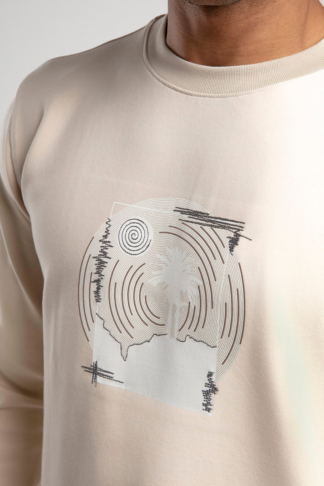Baskılı Bisiklet Yaka Sweatshirt - Açık Bej