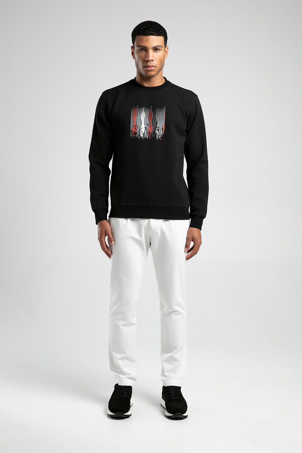 Kır Çiçeği Baskılı Bisiklet Yaka Erkek Sweatshirt - Siyah