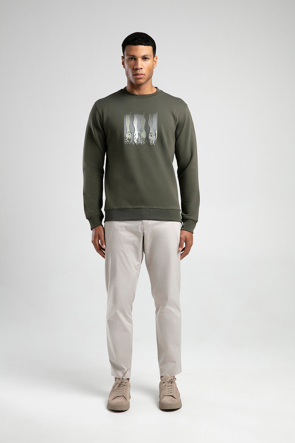 Kır Çiçeği Baskılı Bisiklet Yaka Erkek Sweatshirt - Haki