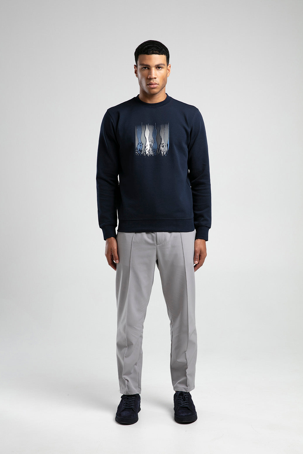Kır Çiçeği Baskılı Bisiklet Yaka Erkek Sweatshirt - Lacivert