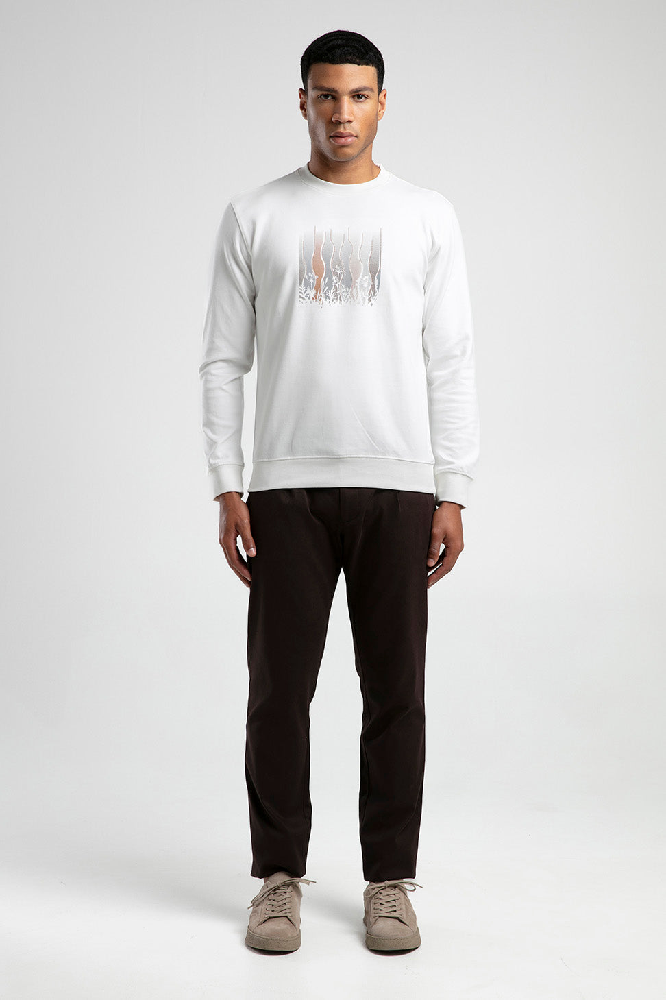 Kır Çiçeği Baskılı Bisiklet Yaka Erkek Sweatshirt - Beyaz