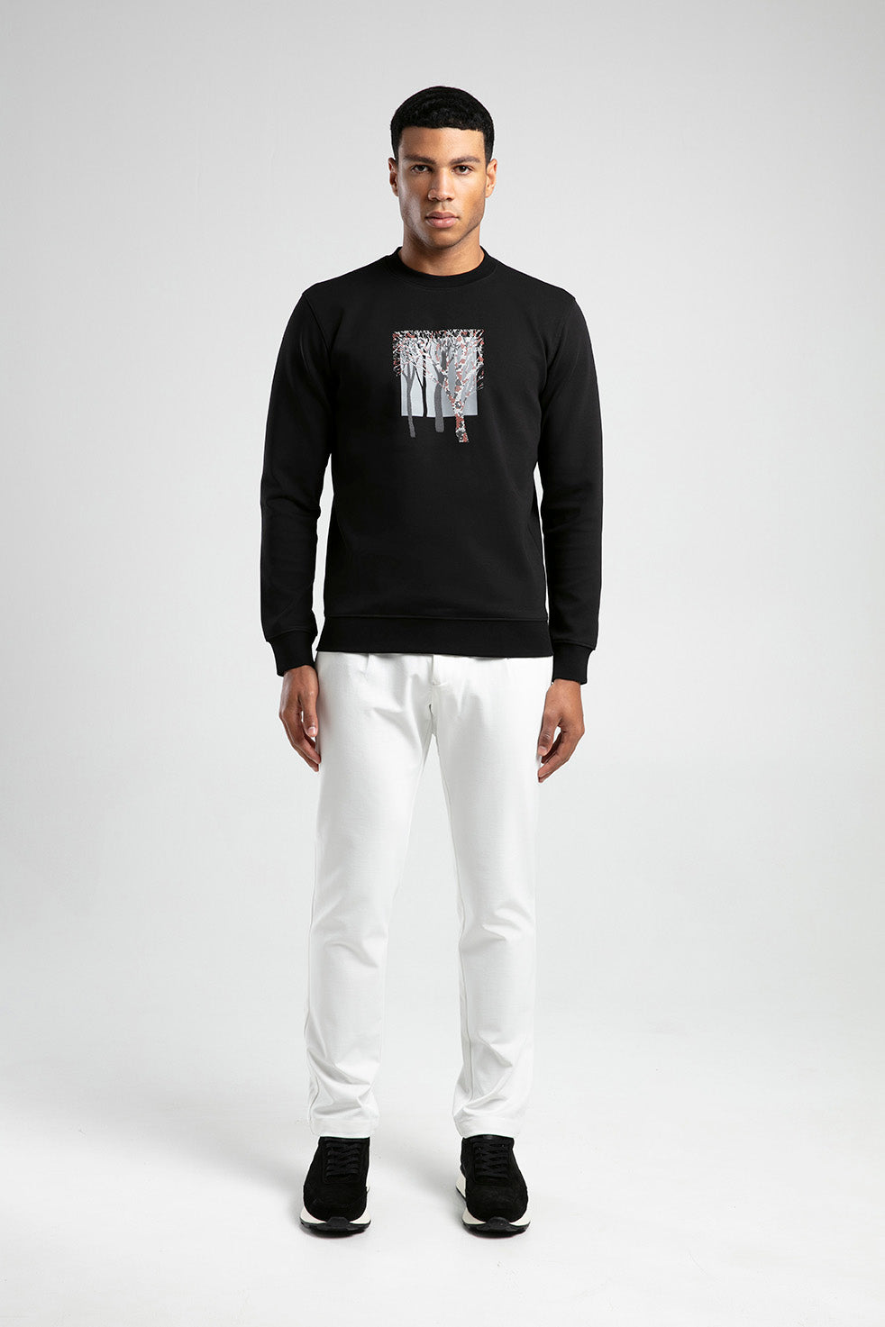Ağaç Desen Baskılı Bisiklet Yaka Erkek Sweatshirt - Siyah