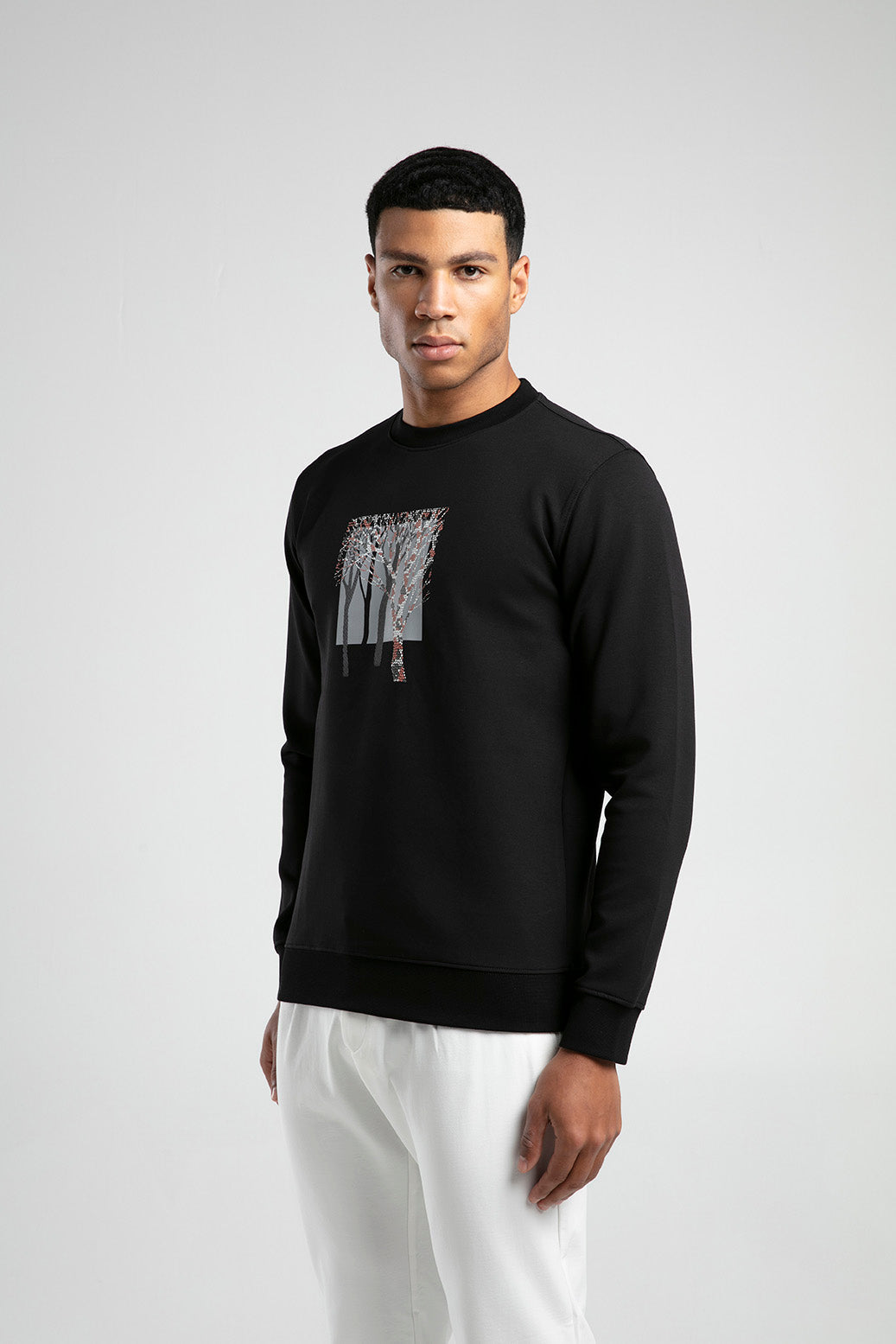 Ağaç Desen Baskılı Bisiklet Yaka Erkek Sweatshirt - Siyah