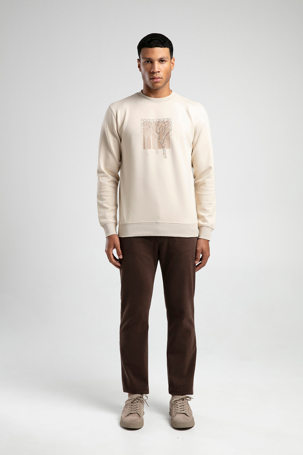Ağaç Desen Baskılı Bisiklet Yaka Erkek Sweatshirt - Bej