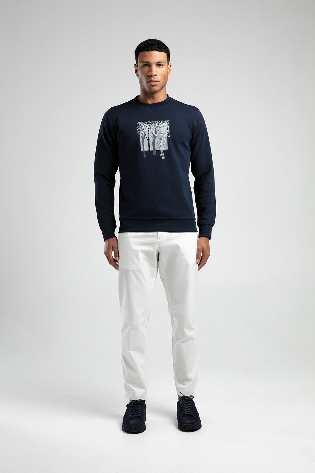 Ağaç Desen Baskılı Bisiklet Yaka Erkek Sweatshirt - Lacivert
