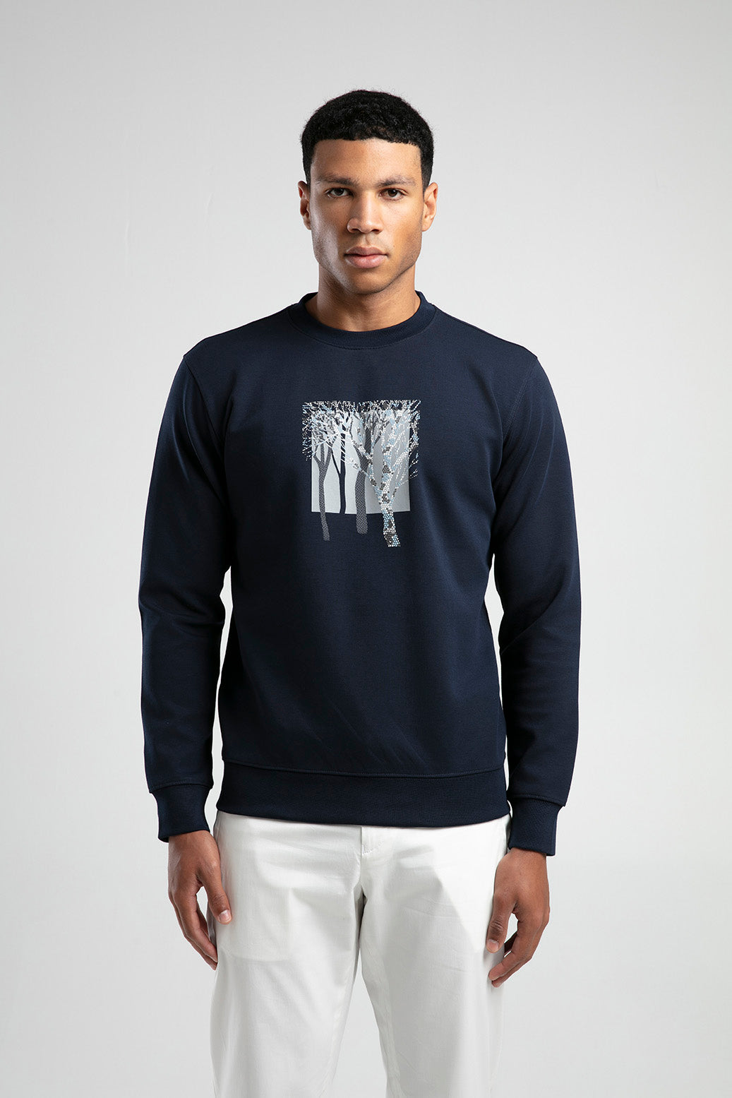 Ağaç Desen Baskılı Bisiklet Yaka Erkek Sweatshirt - Lacivert
