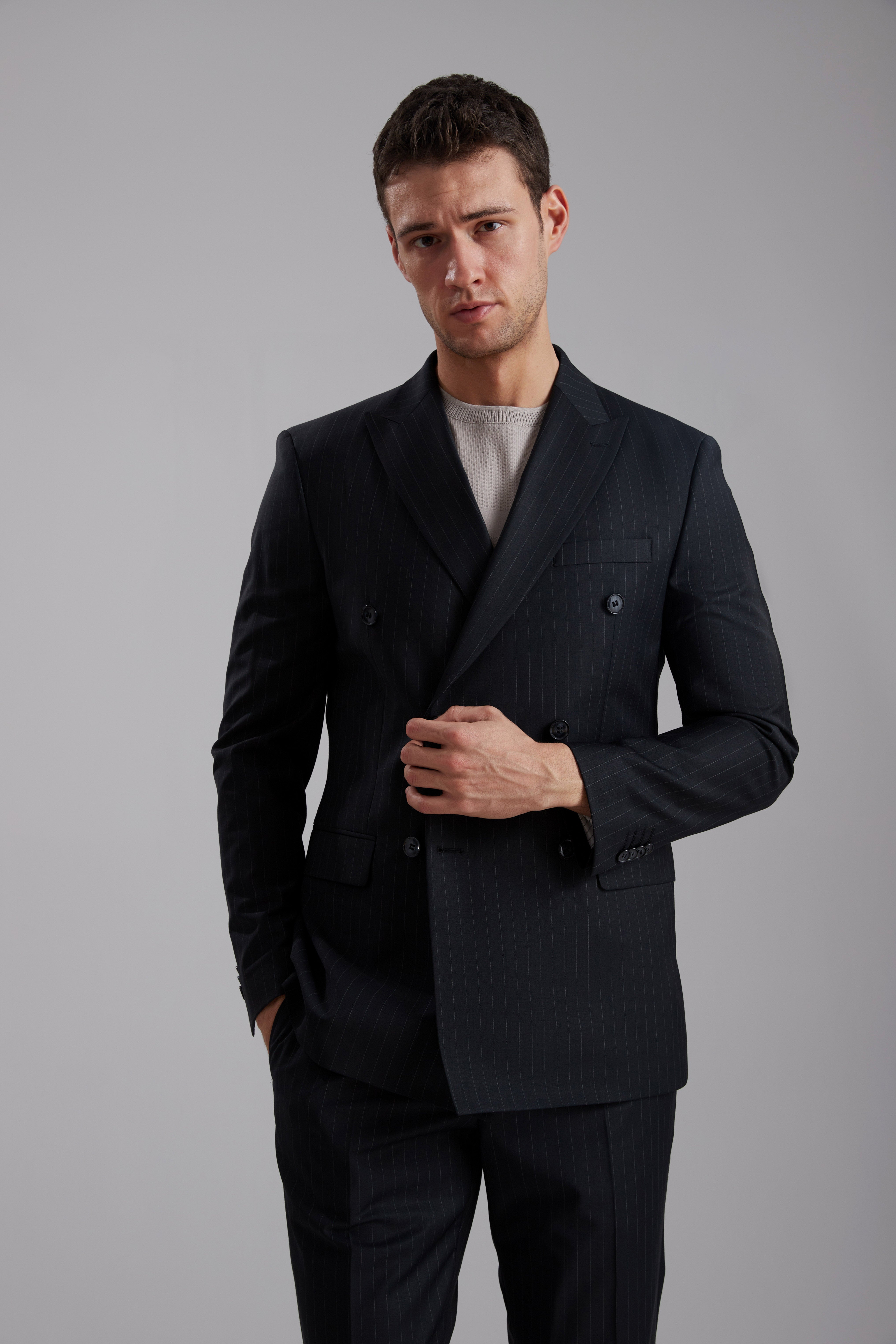 Striped Double-Breasted 100% Wool Suit