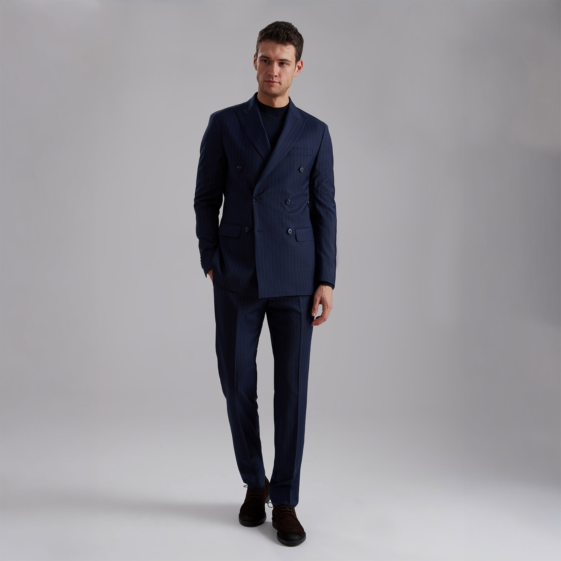 Pinstriped Double-Breasted 100% Wool Suit
