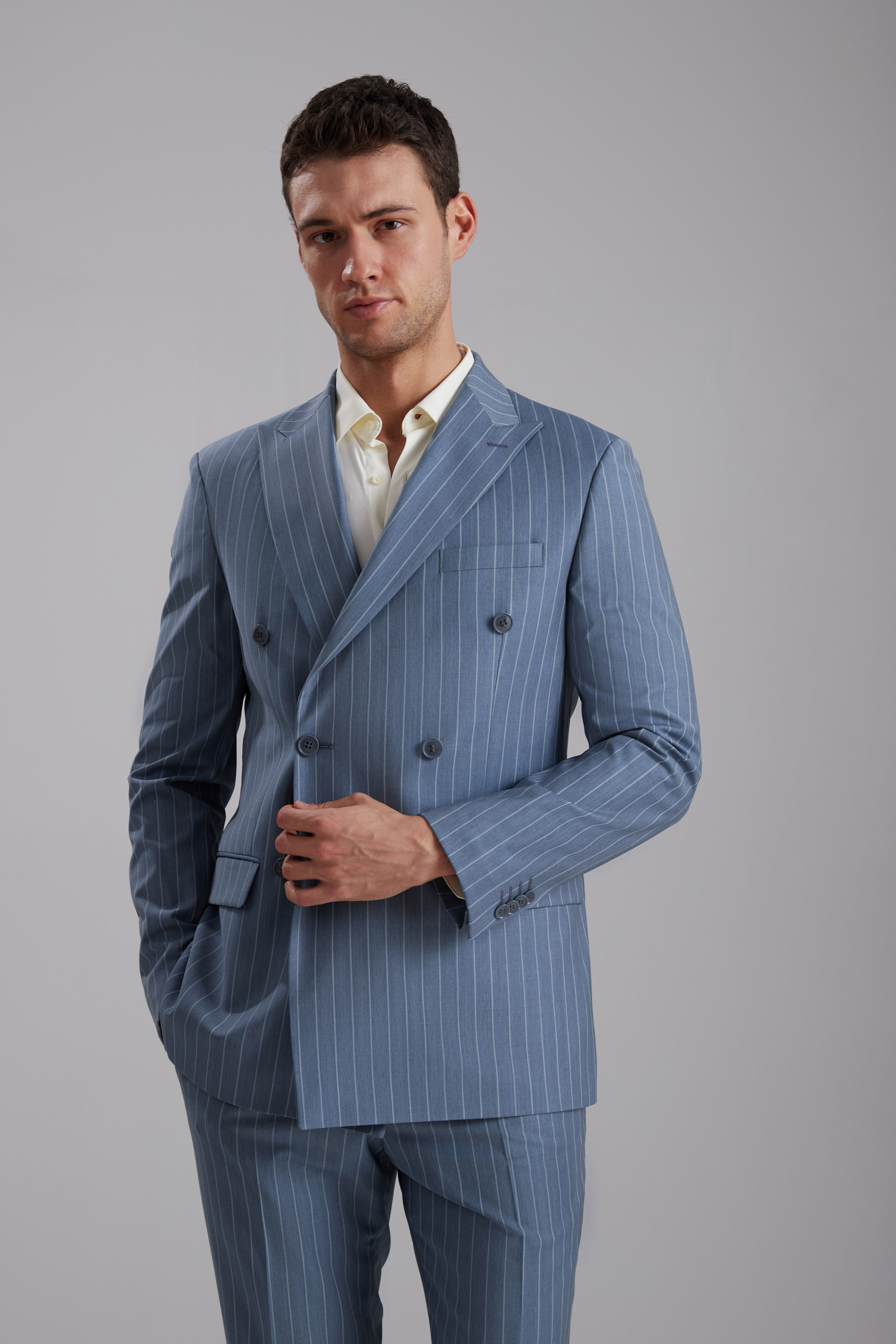 Çizgi Desenli Kruvaze Yün Karışımlı Takım Elbise