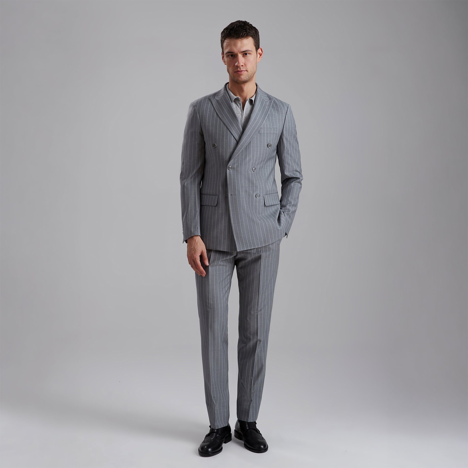 Pinstriped Double-Breasted Wool Blend Suit