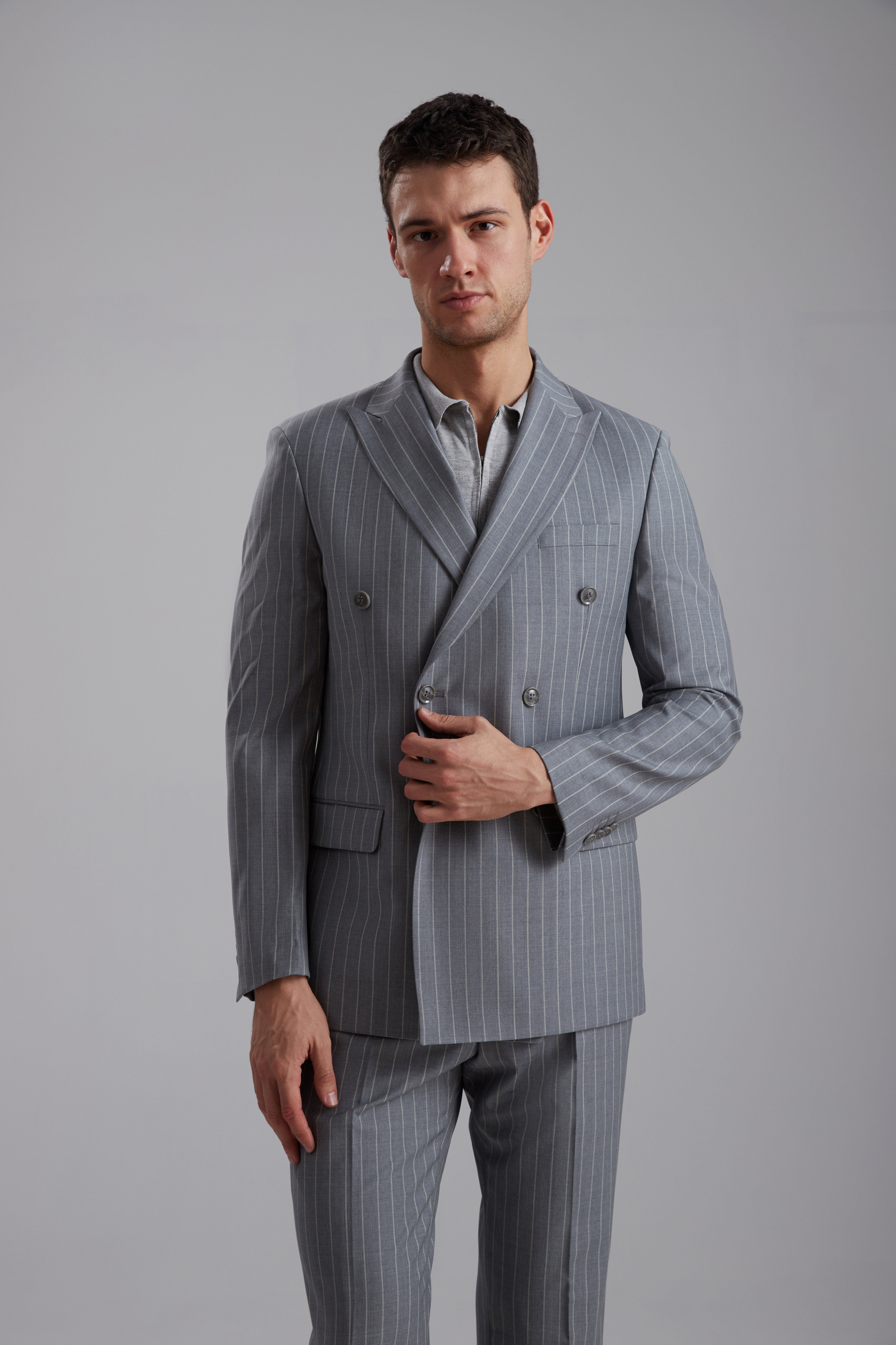Pinstriped Double-Breasted Wool Blend Suit
