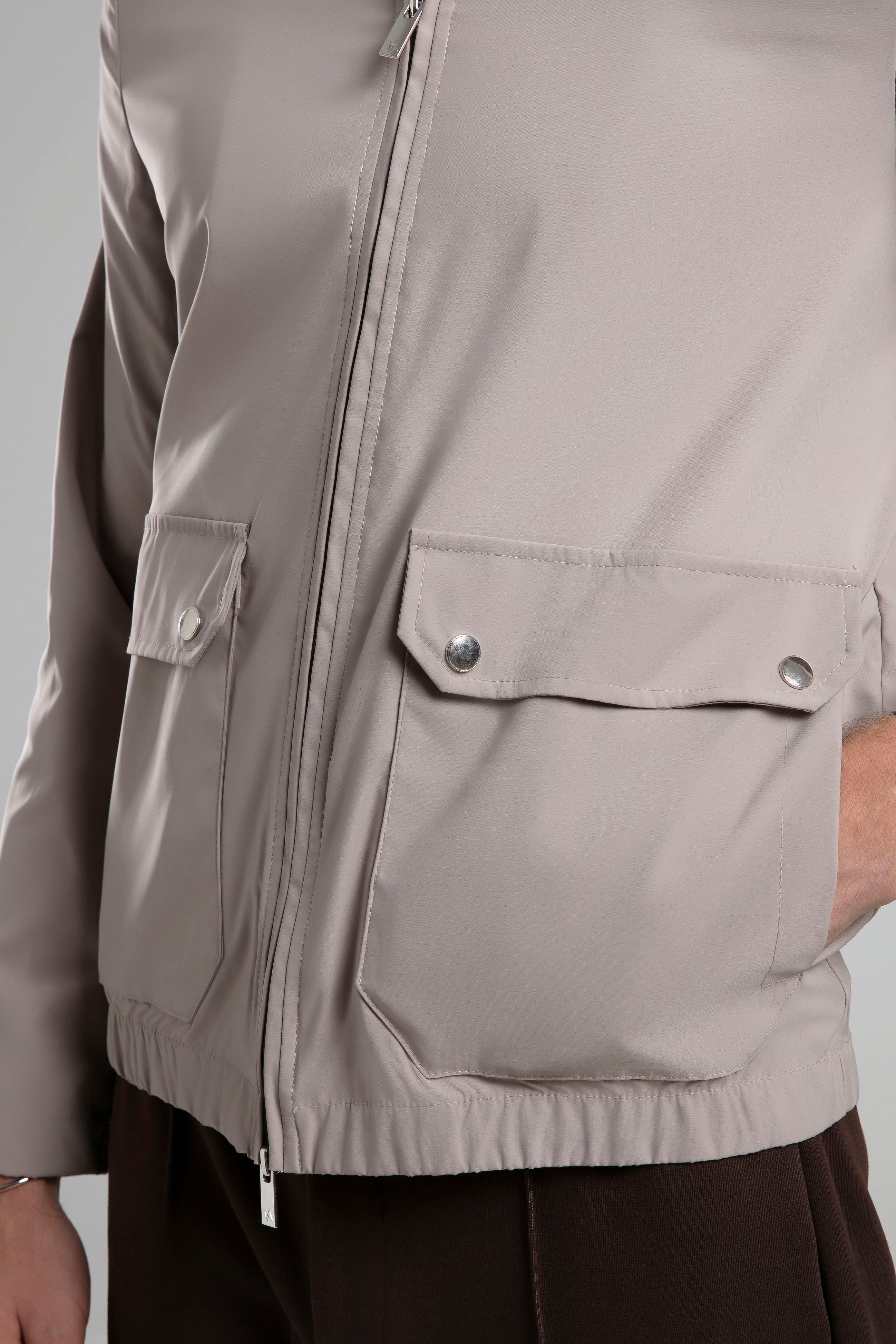 Çıtçıtlı Cep Detaylı Fermuarlı Ceket - Taş