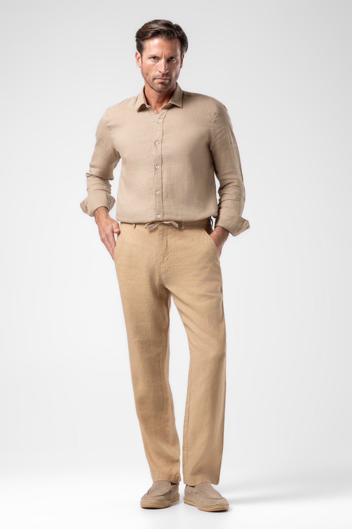 Klasik Bel Keten Pantolon - Camel