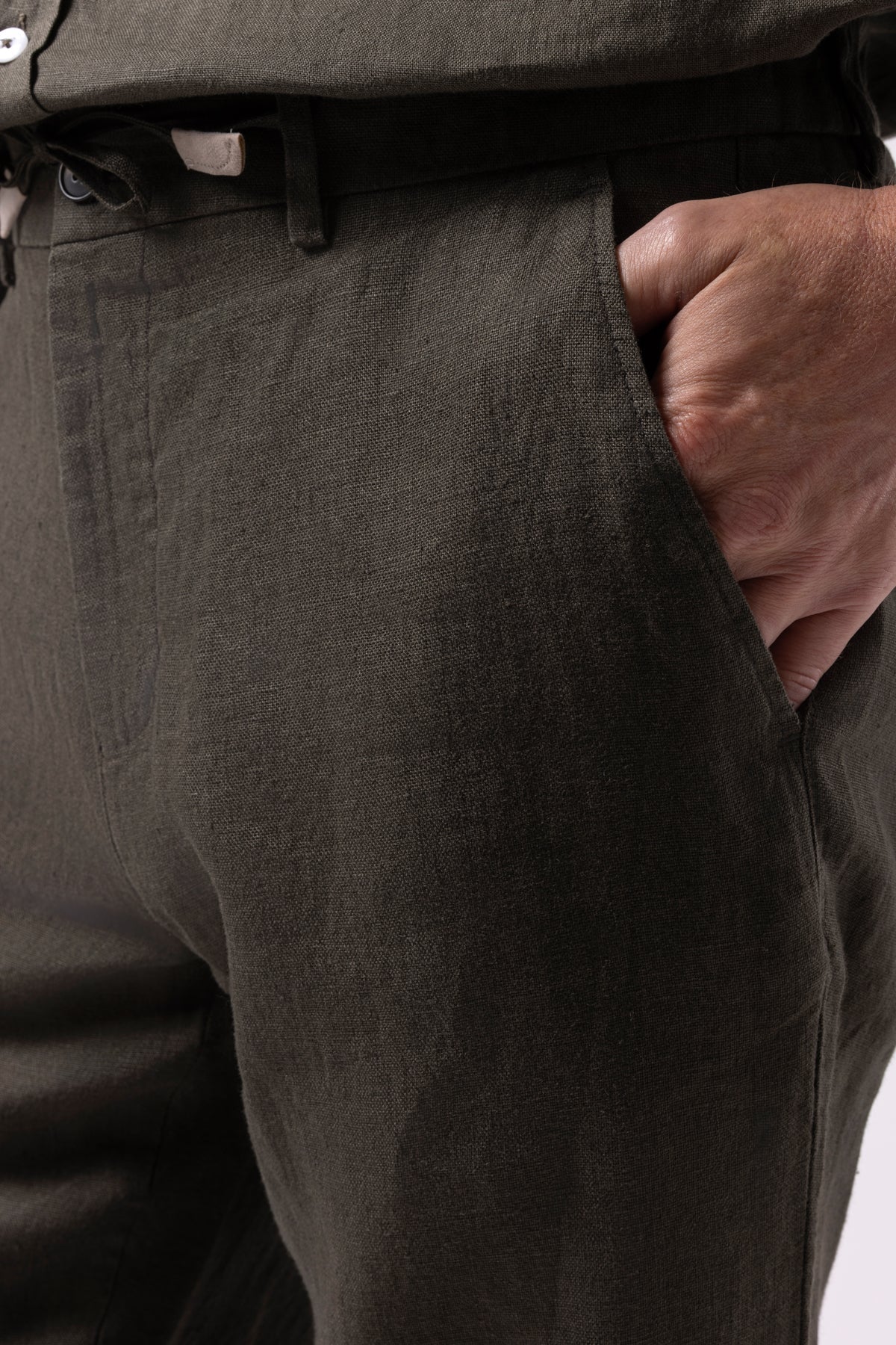 Klasik Bel Keten Pantolon - Haki
