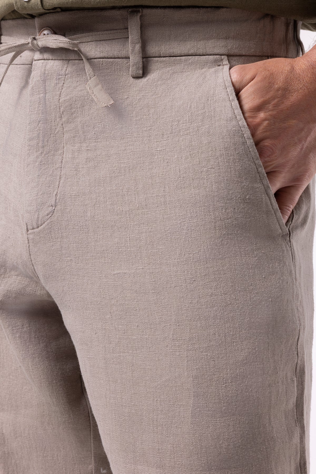 Klasik Bel Keten Pantolon - Vizon