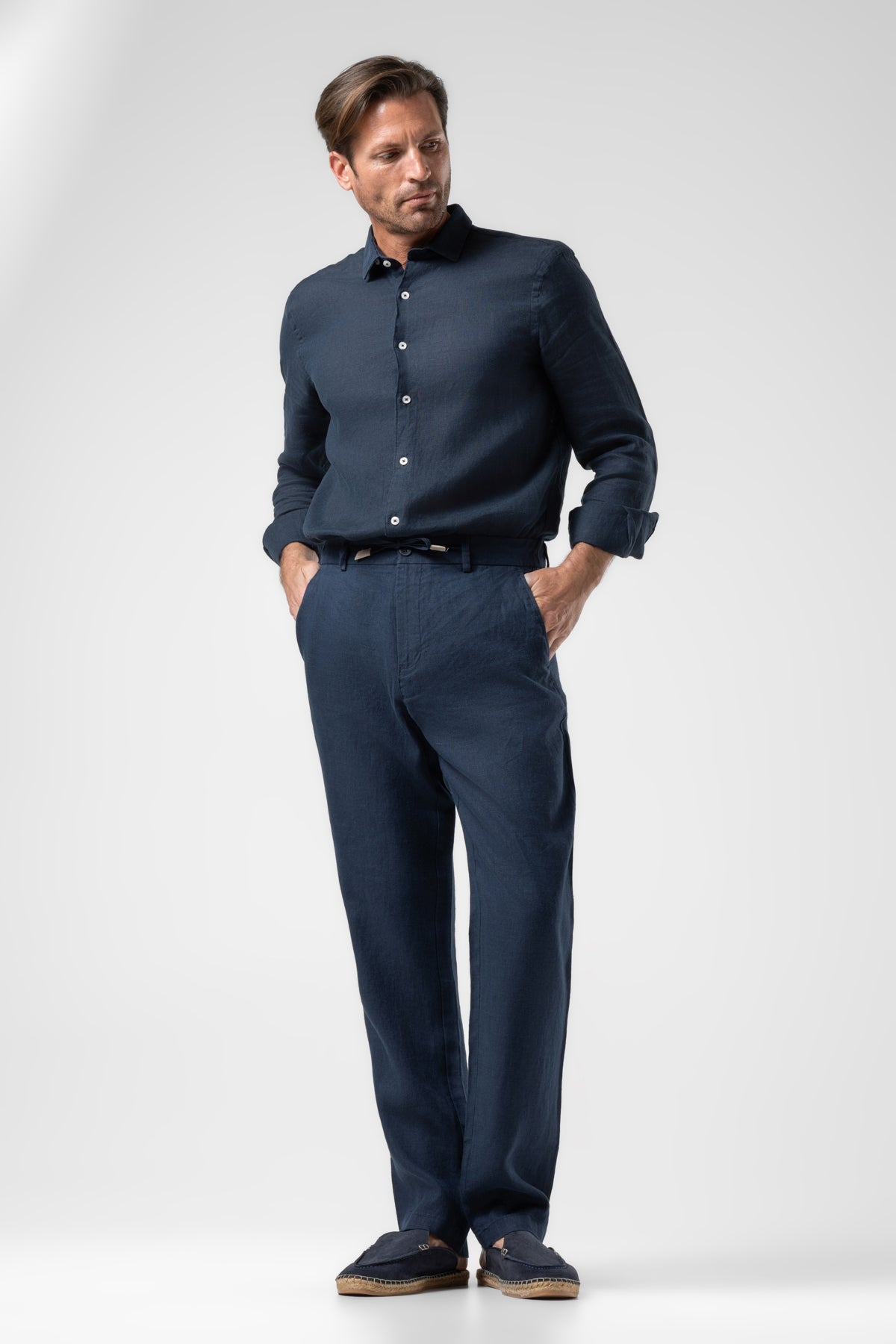 Klasik Bel Keten Pantolon - Navy