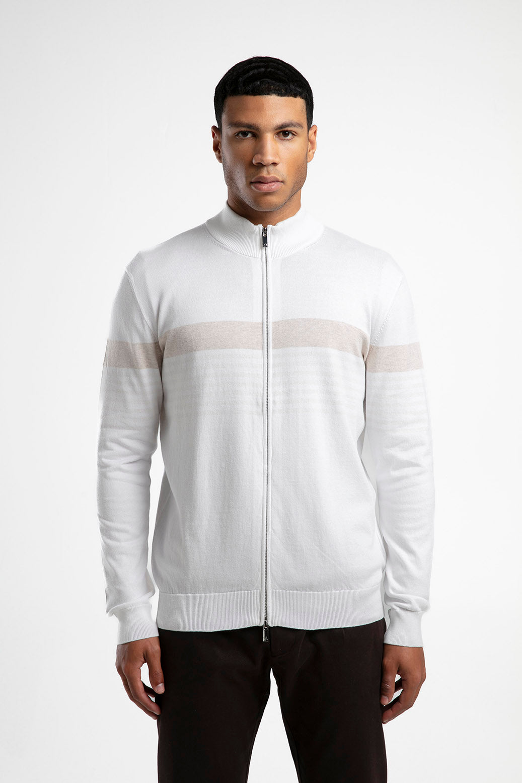 Striped Stand-Neck Zippered Knitwear
