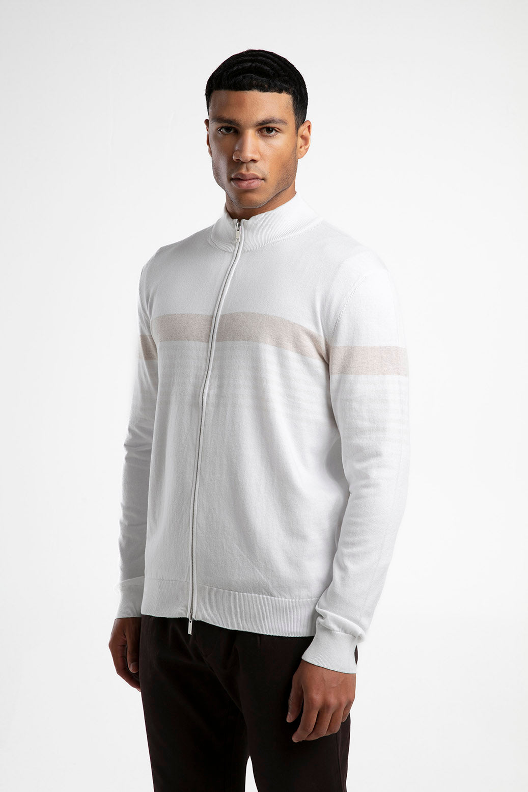 Striped Stand-Neck Zippered Knitwear
