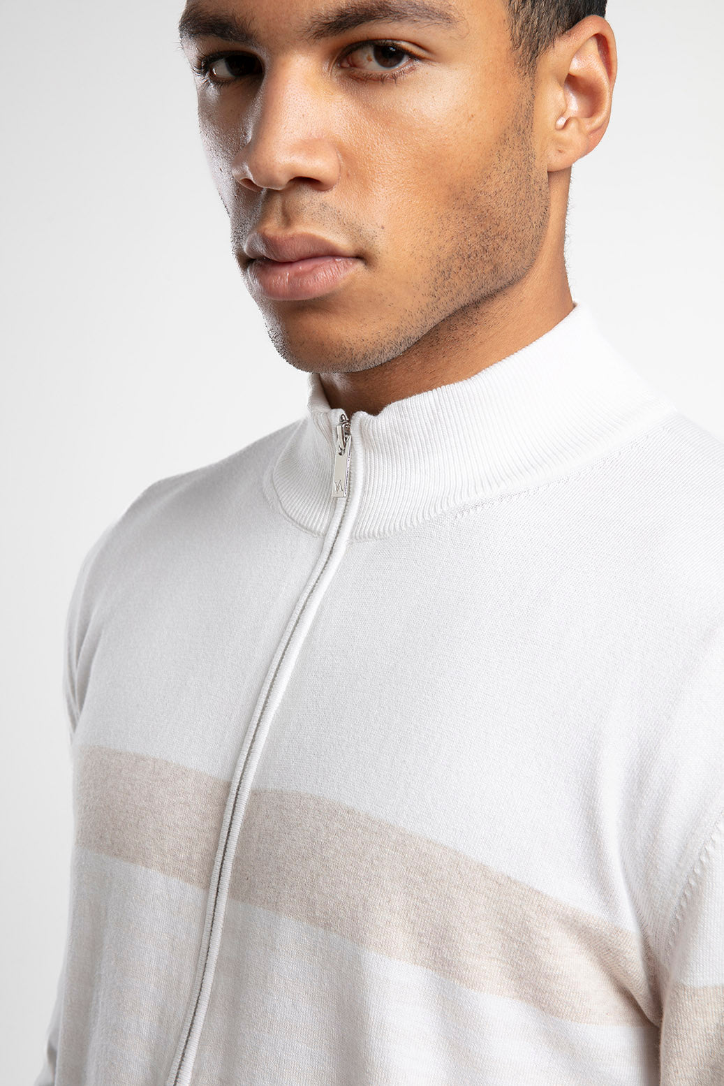 Striped Stand-Neck Zippered Knitwear