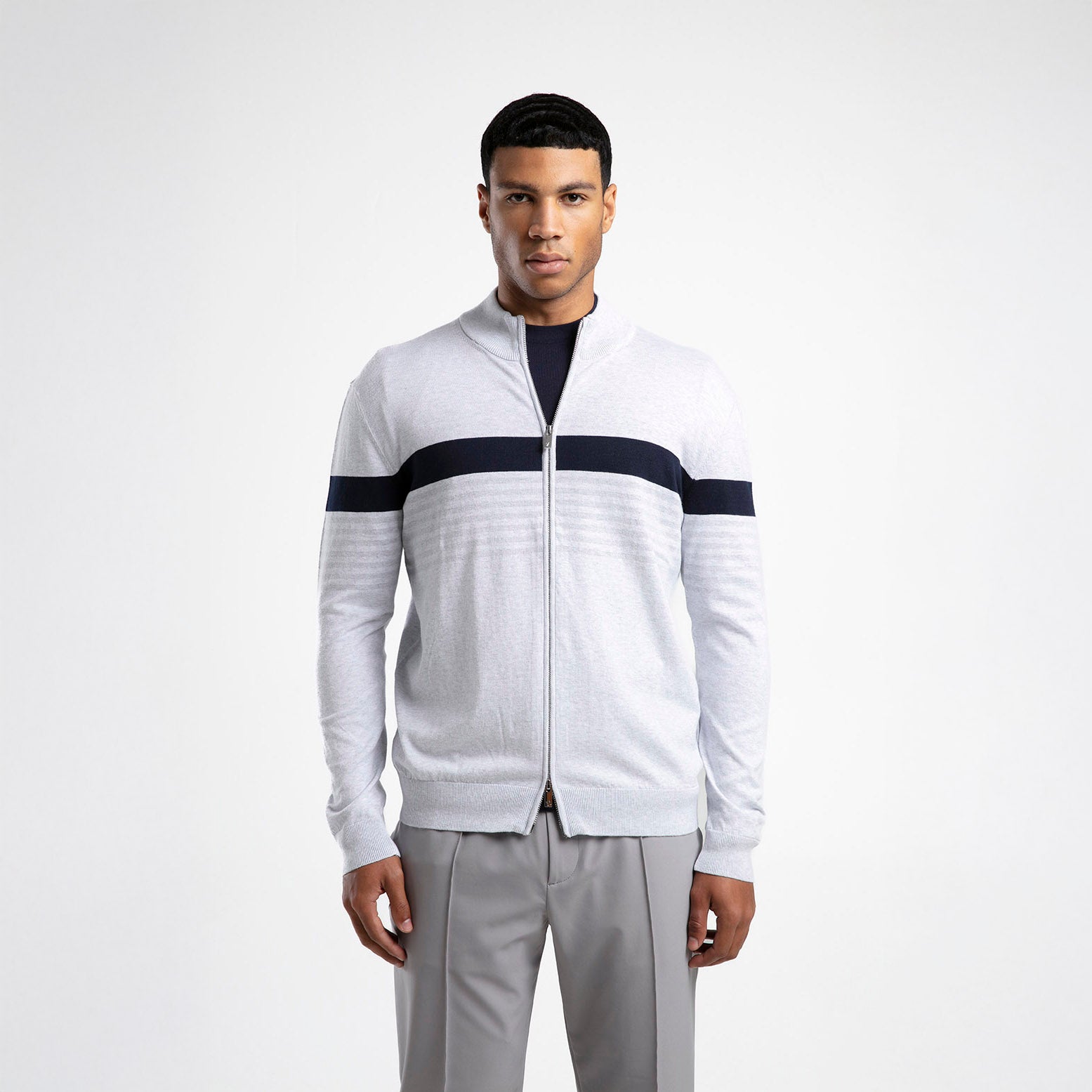 Striped Stand-Neck Zippered Knitwear