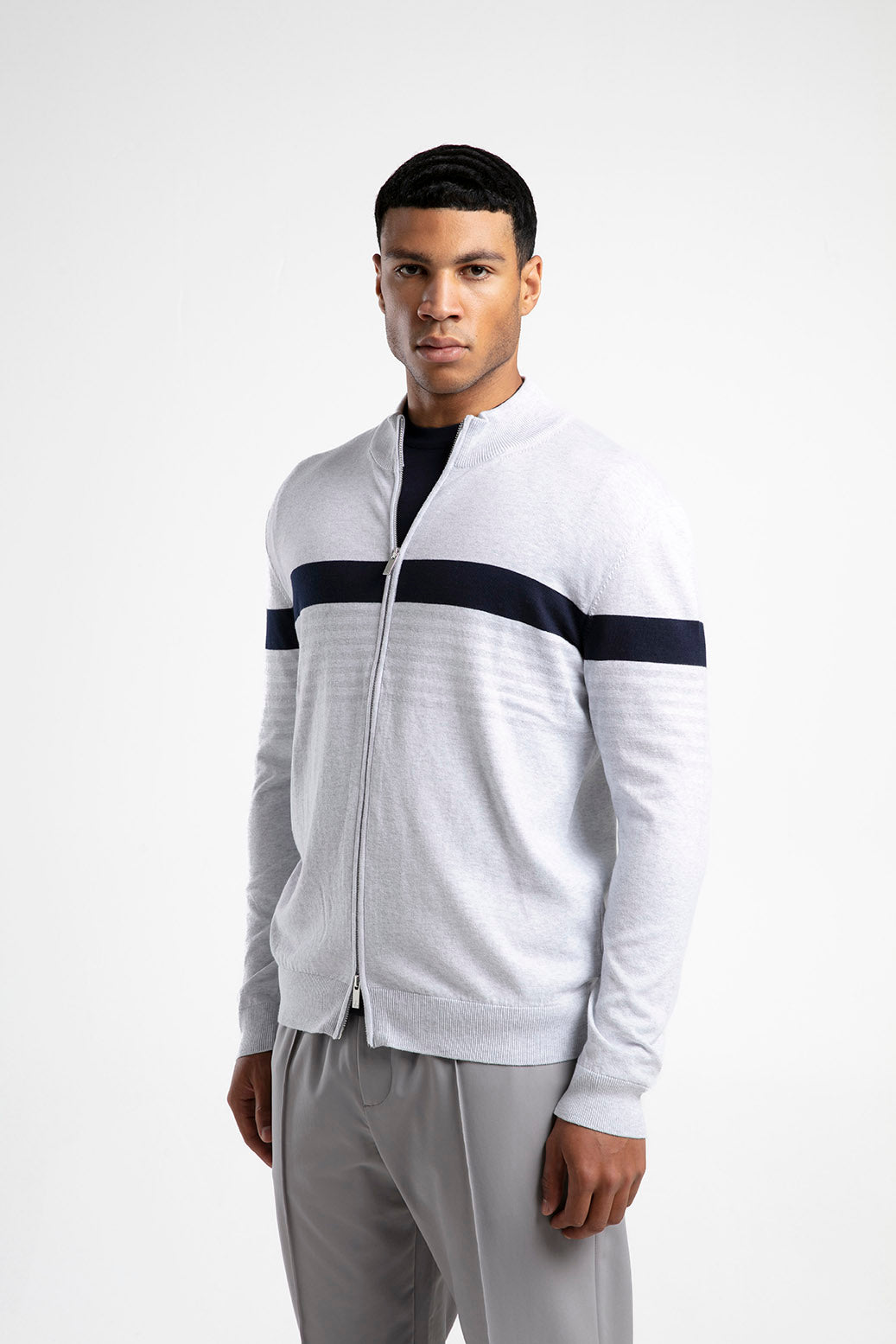 Striped Stand-Neck Zippered Knitwear