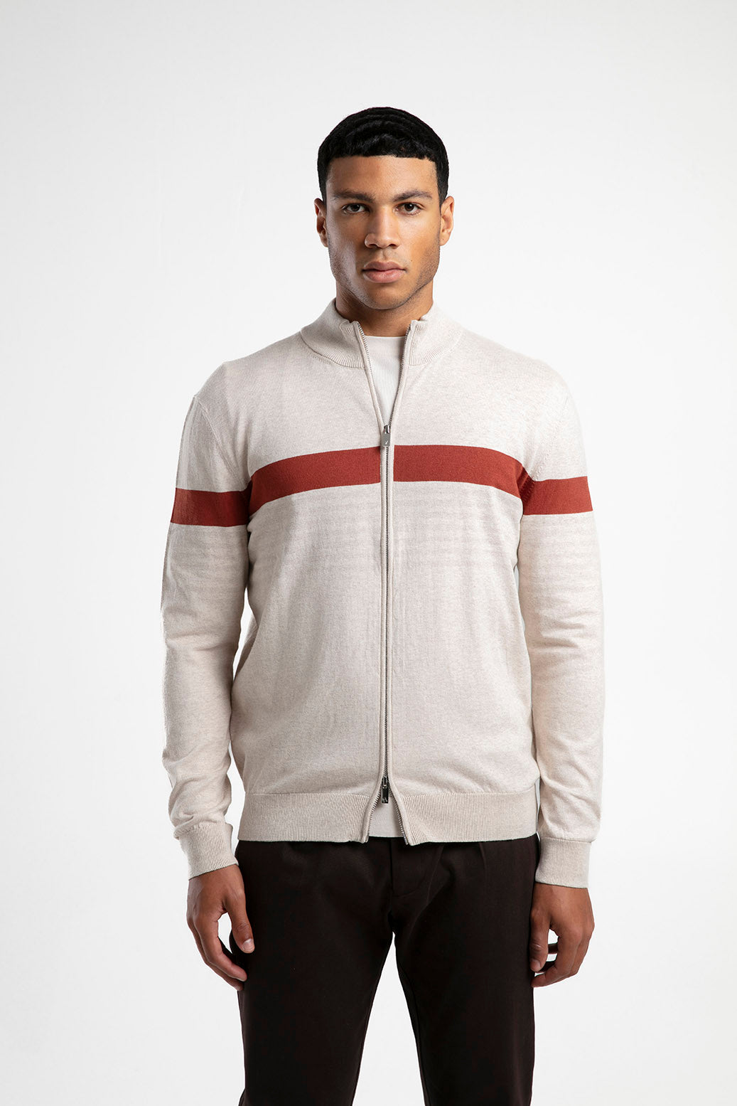 Striped Stand-Neck Zippered Knitwear