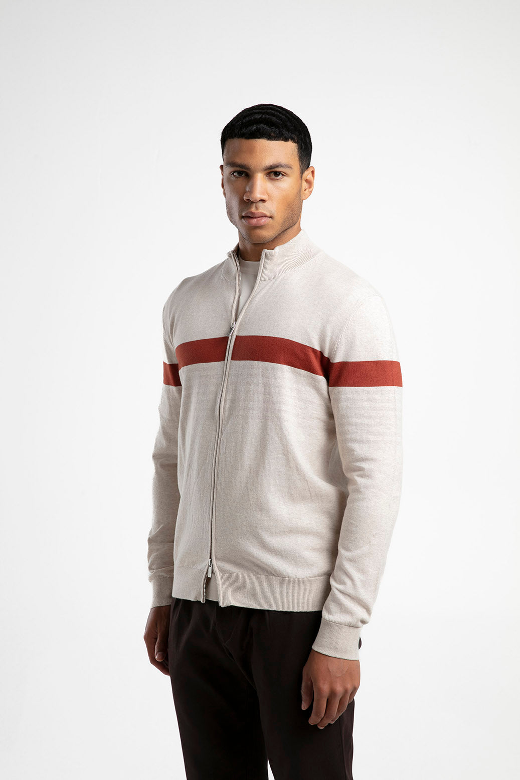 Striped Stand-Neck Zippered Knitwear