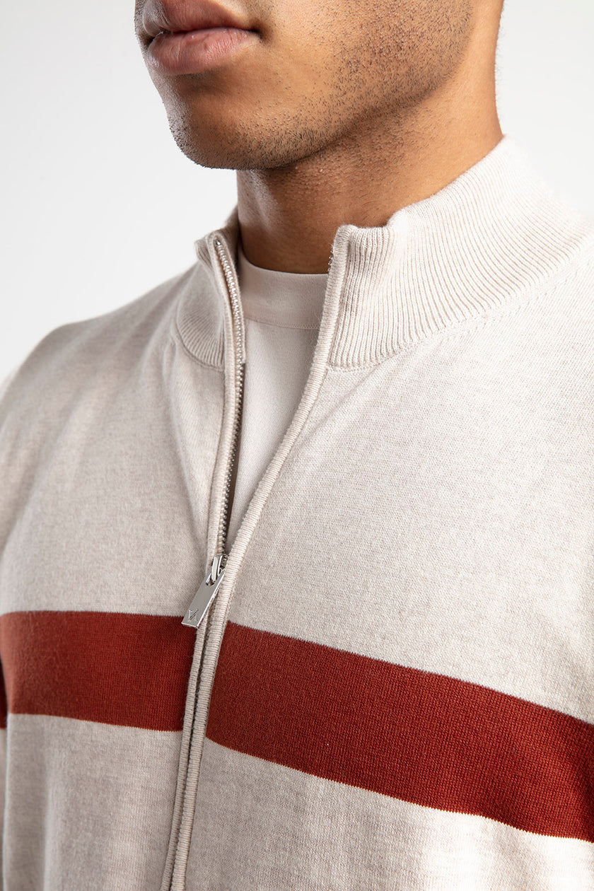 Fermuarlı Dik Yaka Çizgili Triko