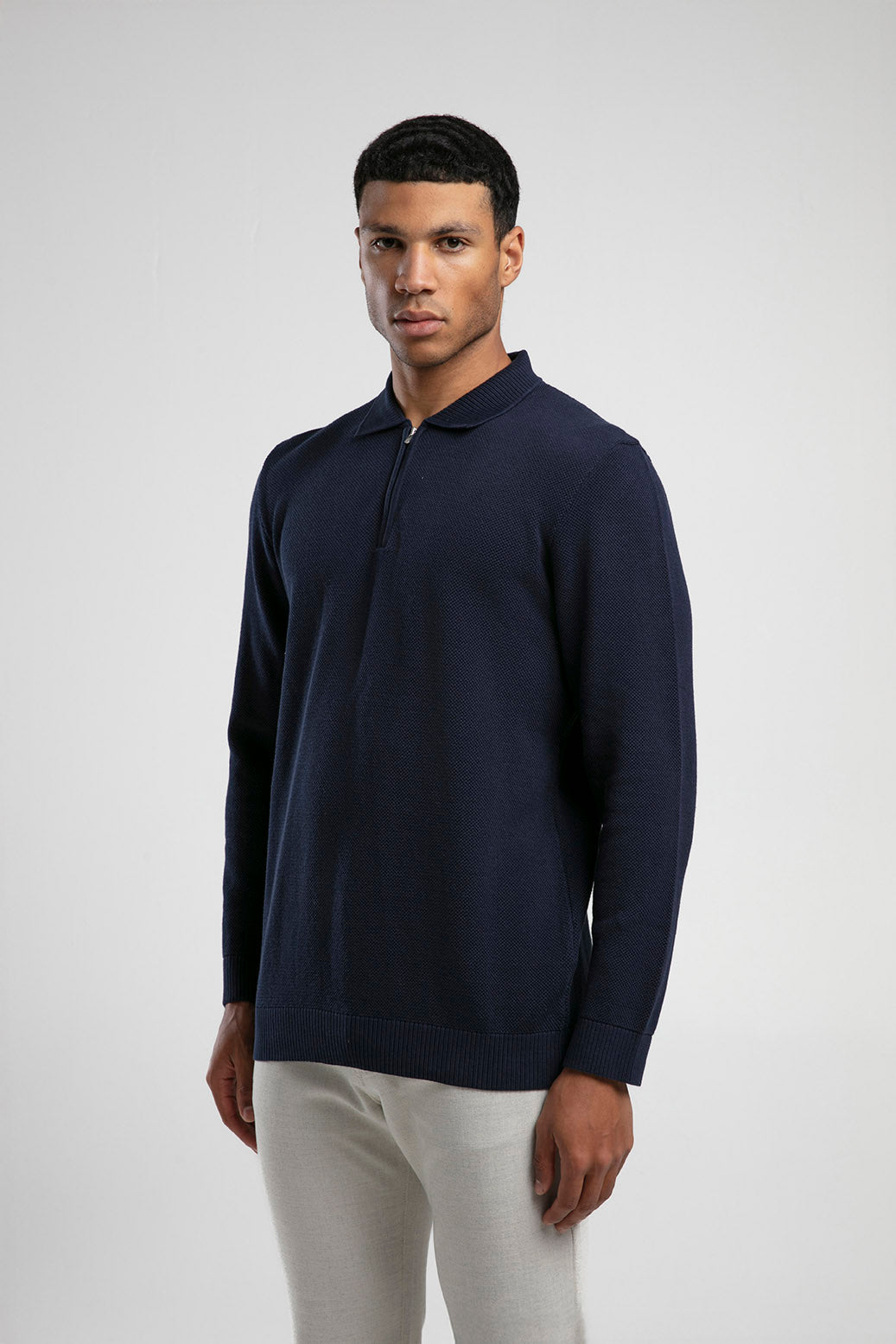 Yarım Fermuarlı Polo Yaka Triko - Lacivert
