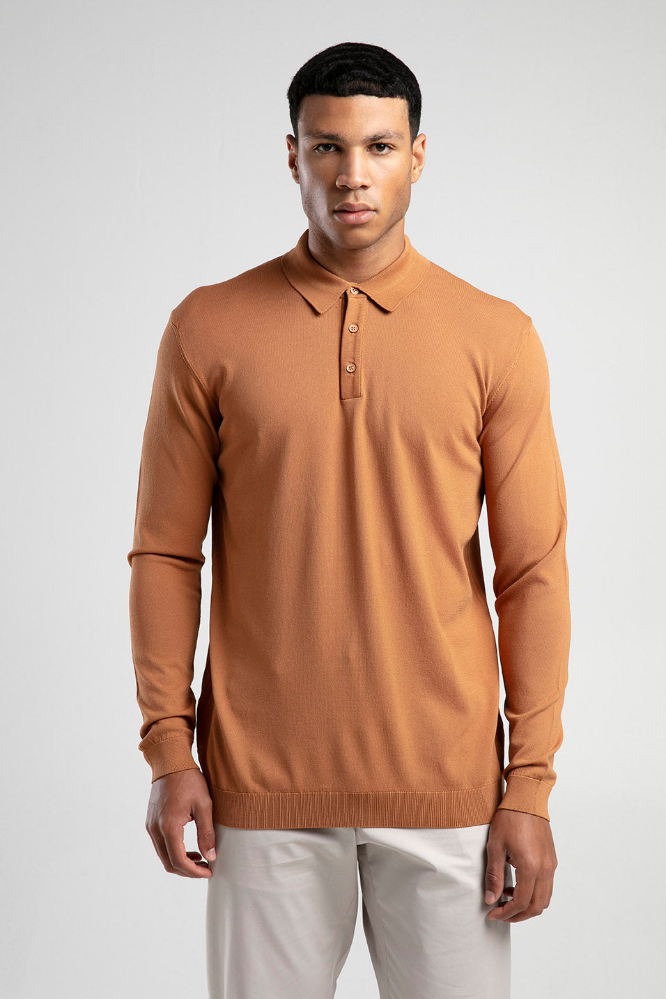 İnce Örgü Polo Yaka Erkek Triko - Camel