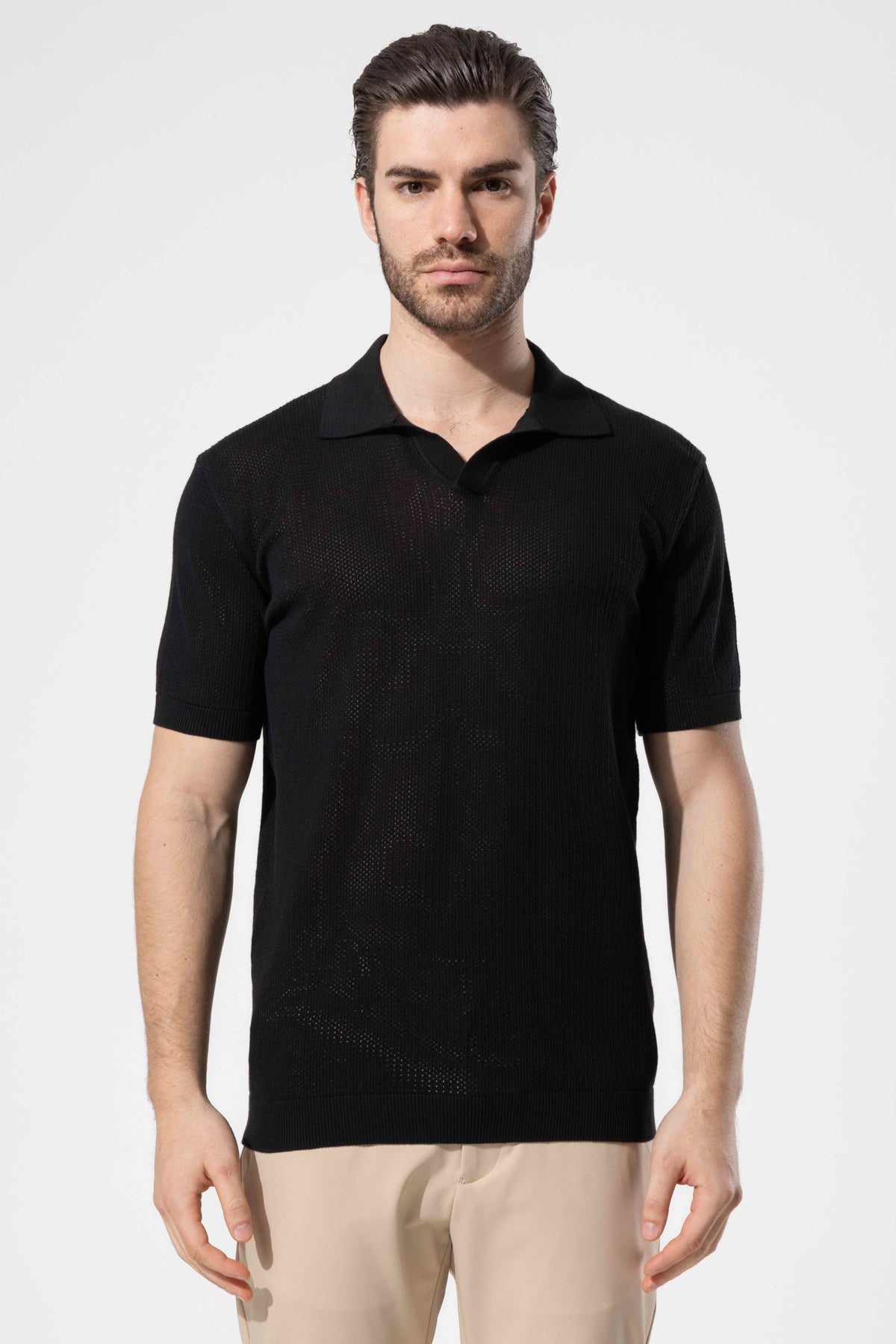File Textured Knit Polo Neck Men's T-Shirt