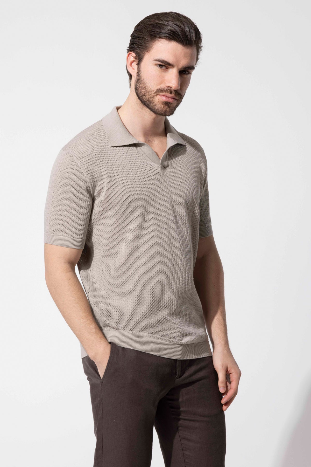 File Textured Knit Polo Neck Men's T-Shirt