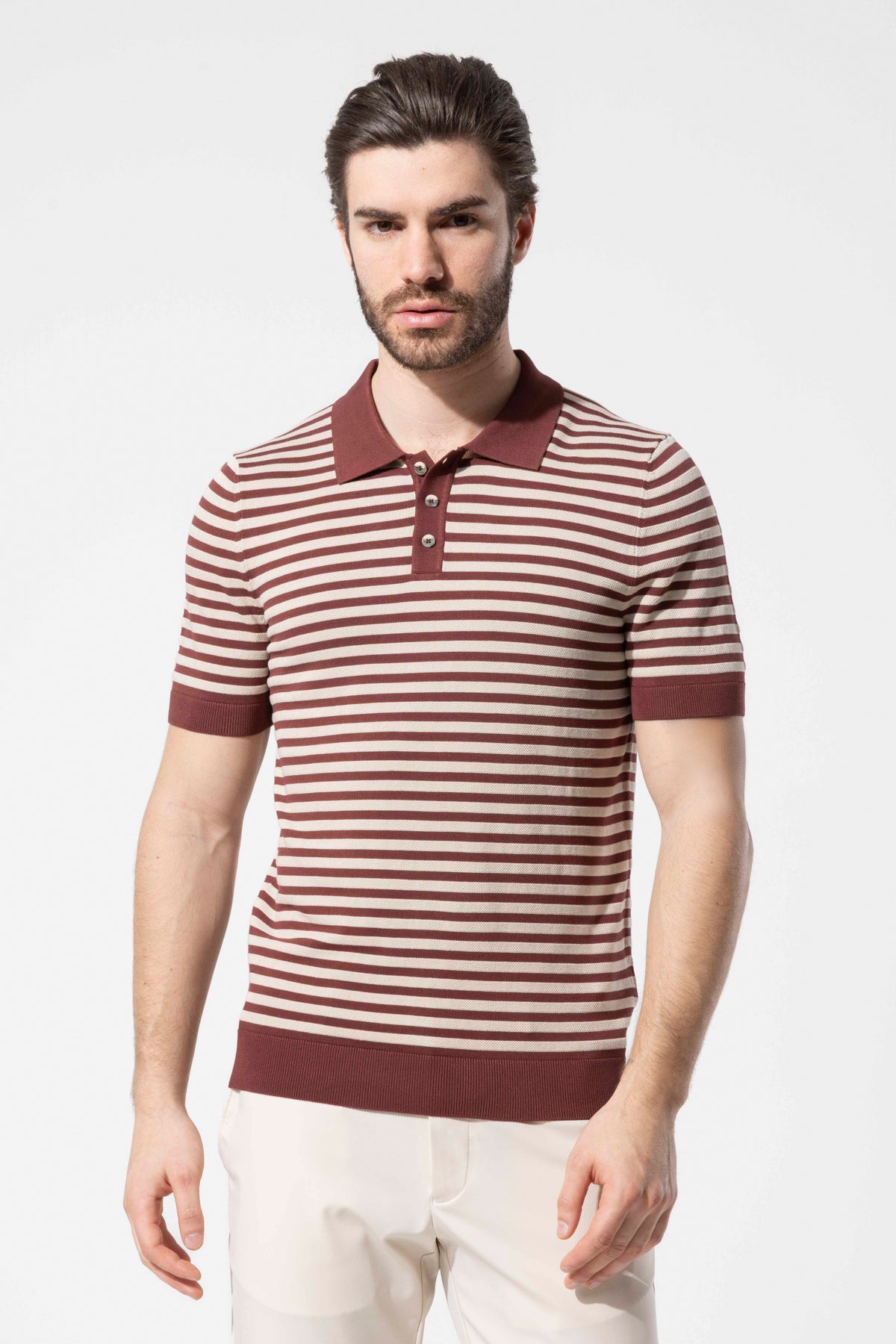 Striped Knit Polo Neck Men's T-Shirt