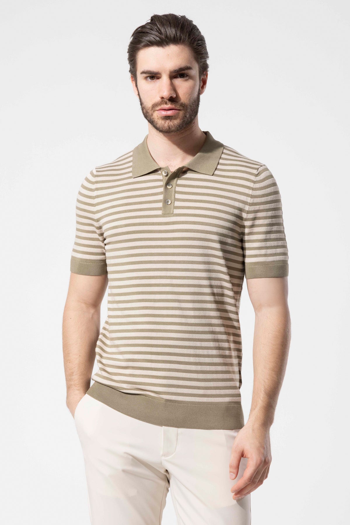 Striped Knit Polo Neck Men's T-Shirt