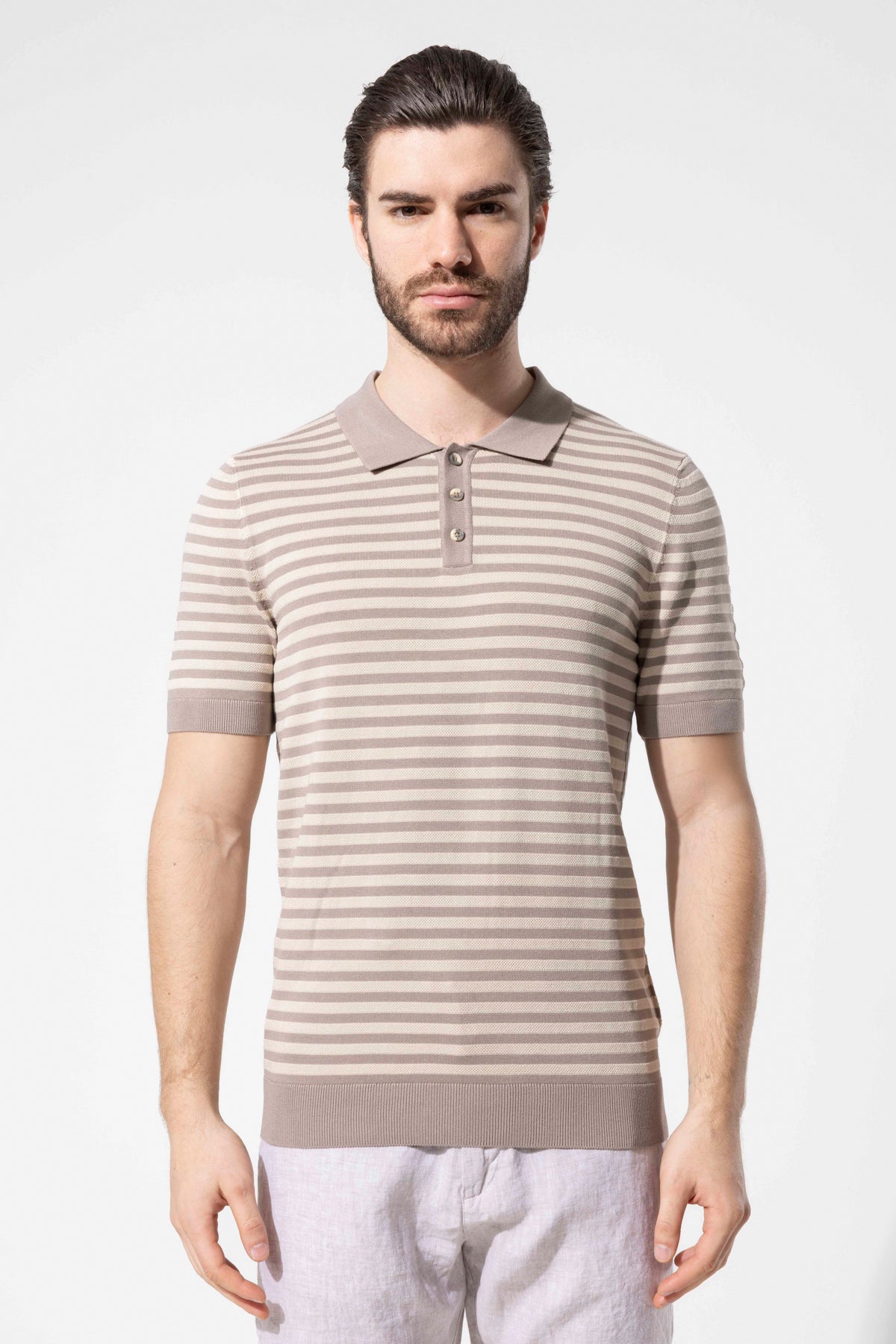 Striped Knit Polo Neck Men's T-Shirt