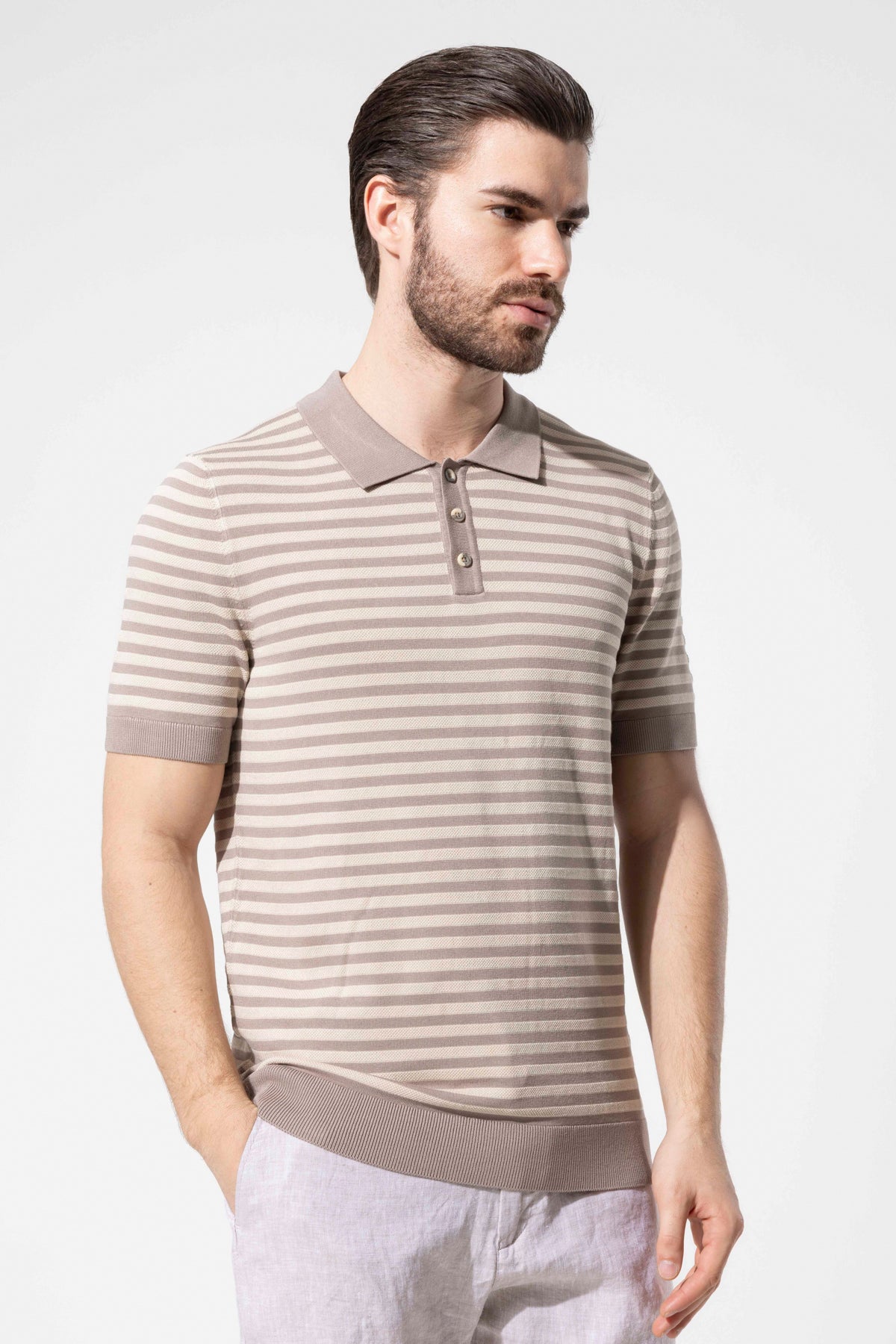 Striped Knit Polo Neck Men's T-Shirt