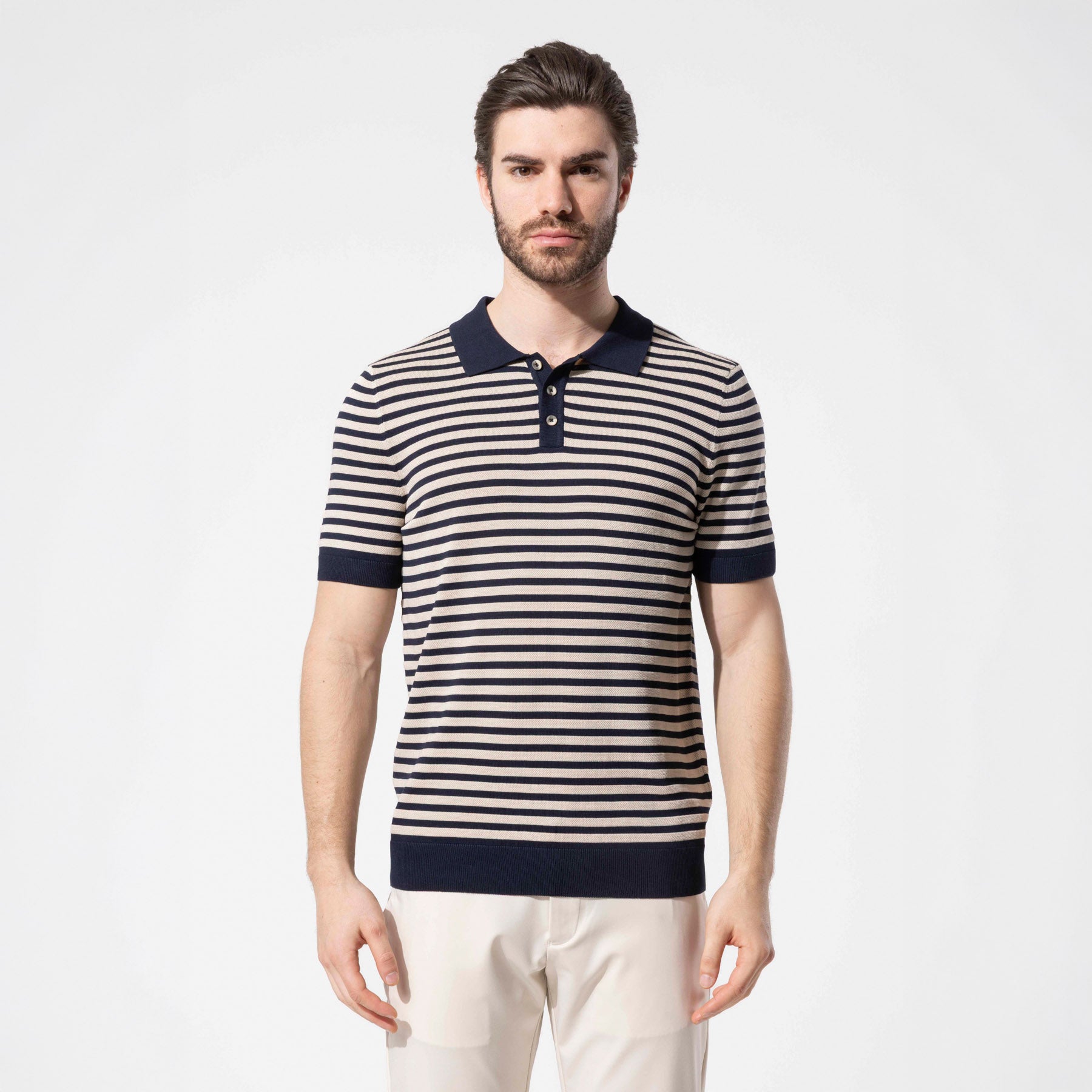 Striped Knit Polo Neck Men's T-Shirt