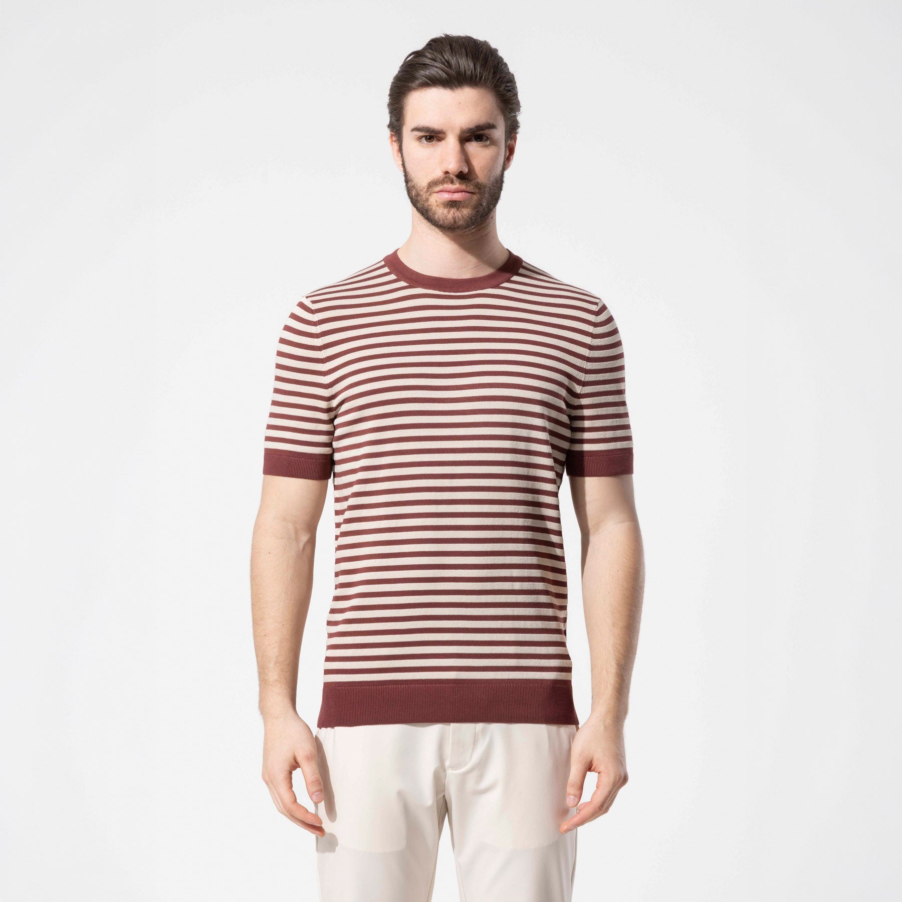 Bisiklet Yaka İnce Çizgili Triko T-Shirt - Kiremit
